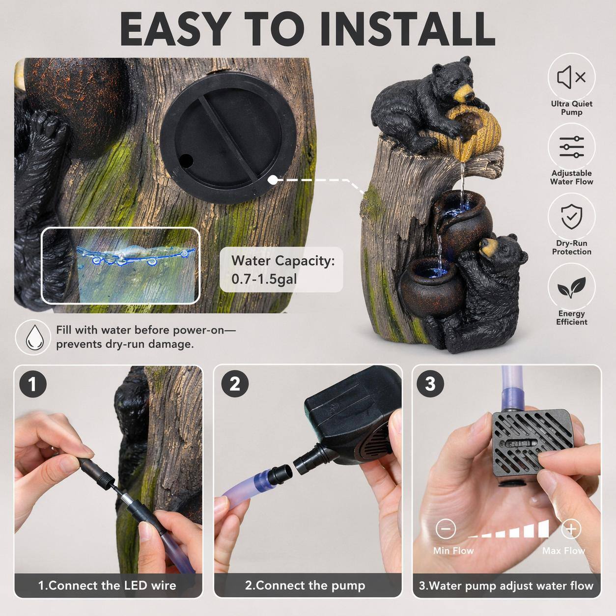 EASY TO INSTALL

X Ultra Quiet Pump Adjustable Water Flow

Water Capacity: 0.7-1.5gal

Dry-Run Protection: Fill with water before power-on—prevents dry-run damage.

Energy Efficient

1. Connect the LED wire
2. Connect the pump
3. Water pump adjust water flow

Min Flow Max Flow