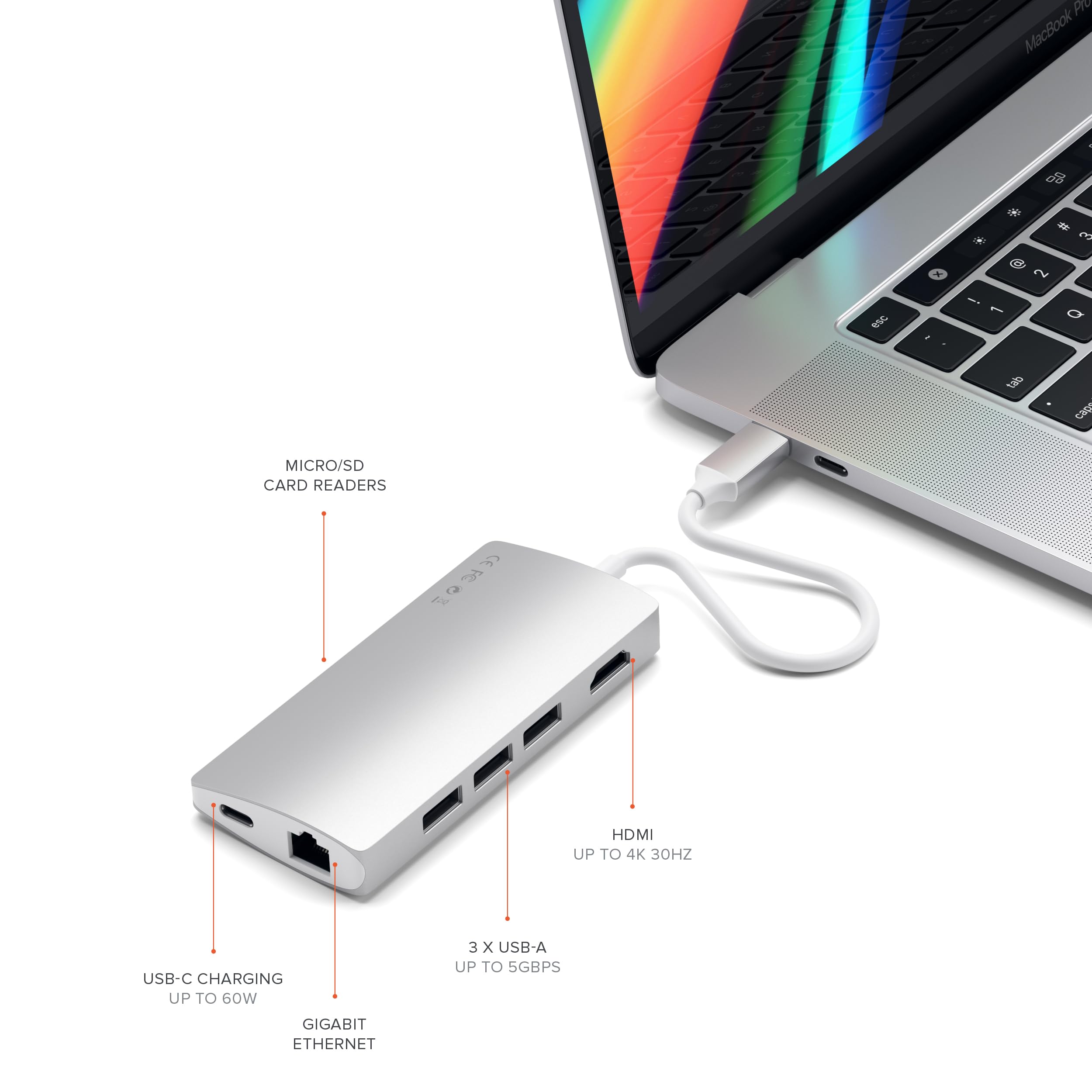 - MacBook Pro
- MICRO/SD CARD READERS
- HDMI UP TO 4K 30HZ
- USB-C CHARGING UP TO 60W
- 3 x USB-A UP TO 5GBPS
- GIGABIT ETHERNET