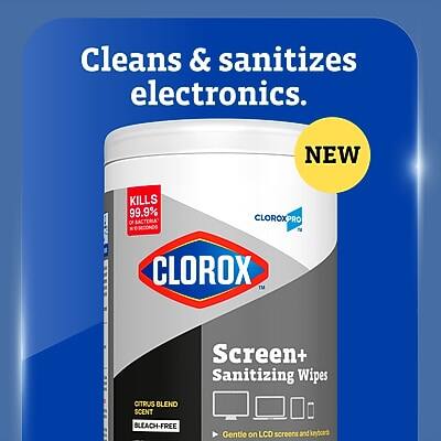 Cleans & sanitizes electronics.  
NEW  
KILLS 99.9% OF BACTERIA  
CLOROX PRO  
CLOROX  
Screen+ Sanitizing Wipes  
CITRUS BLEND SCENT  
BLEACH-FREE  
Gentle on LCD screens and keyboards