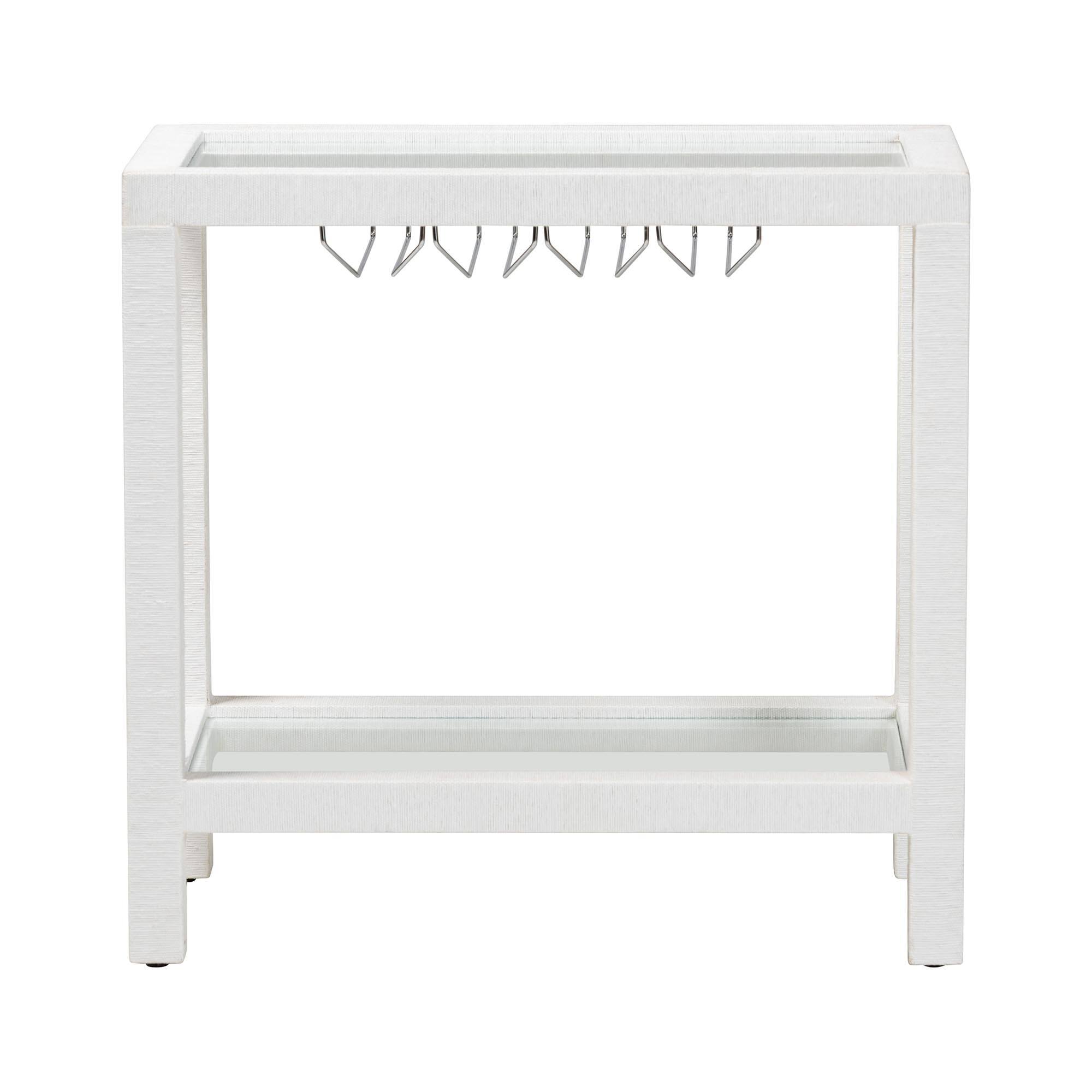 Angle. bali & pari - Oaklynn Natural Grasscloth Wine Rack - Two-Tier Bar Table with Glass Shelves and Stemware Rack, Modern Coastal Console - White.