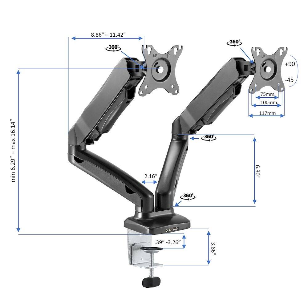 8.86" - 11.42"  
360°  
+90° -45°  
75mm 100mm 117mm  
16.14"  
max 6.29" min 2.16"  
360°  
.39" -3.26"  
3.86"  
6.30"  
360°