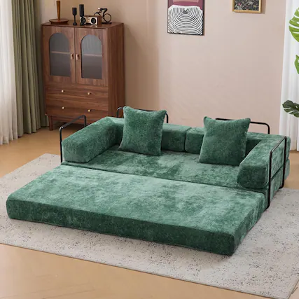 Front. Trinkets Crazed - Convertible Floor Sofa Bed with Fixed-Shape Frame, Chenille Boneless Sofa Folding Mattress Couch with Armrest - green.