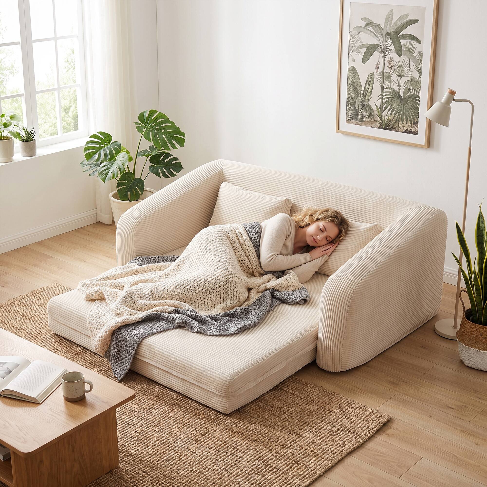 Alt View 1. Famapy - Convertible Sleeper Sofa Bed with Corduroy Cover, Foam Cushions and Removable Cover for Small Spaces - Beige.