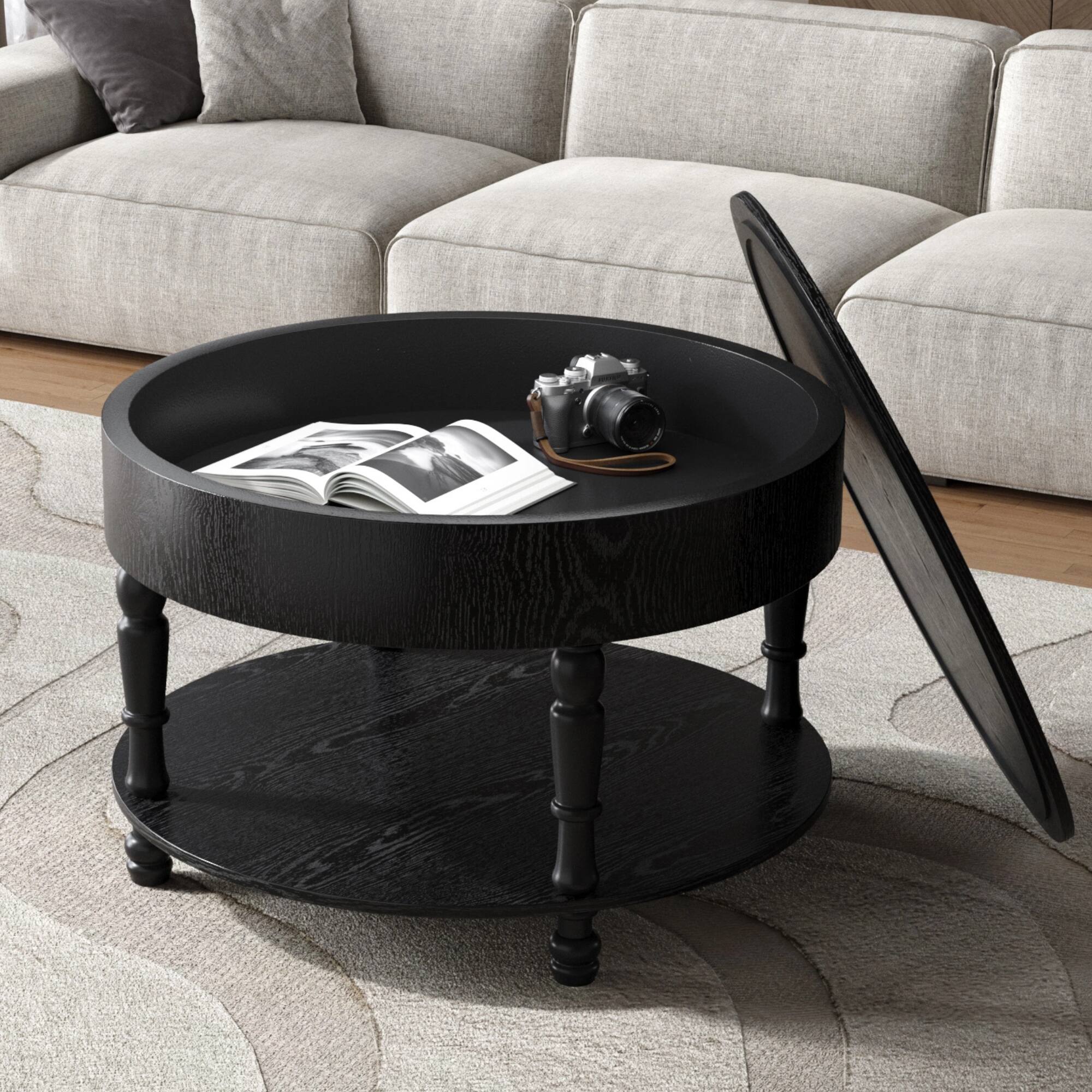 Alt View 3. Lirago - 32" Modern Round Coffee Table Black with Dual Storage Hidden Compartment Adjustable Leveling Feet - Black.