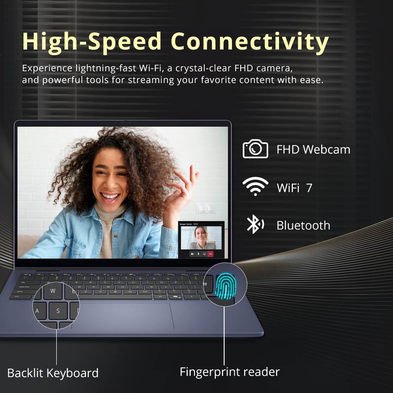 High-Speed Connectivity

Experience lightning-fast Wi-Fi, a crystal-clear FHD camera, and powerful tools for streaming your favorite content with ease.

- FHD Webcam
- WiFi 7
- Bluetooth
- Backlit Keyboard
- Fingerprint reader