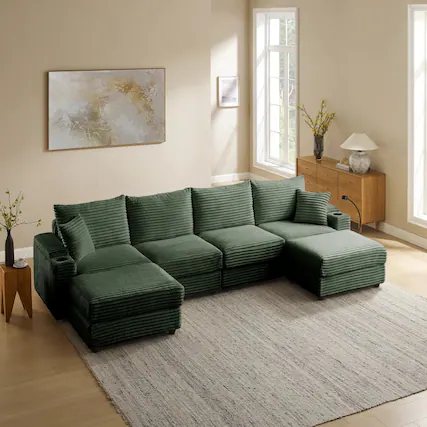 Front. Yardgrace - 6-Seater U-Shaped Corduroy Sofa with USB Charging, Phone Holders & Storage Armrests - Green.