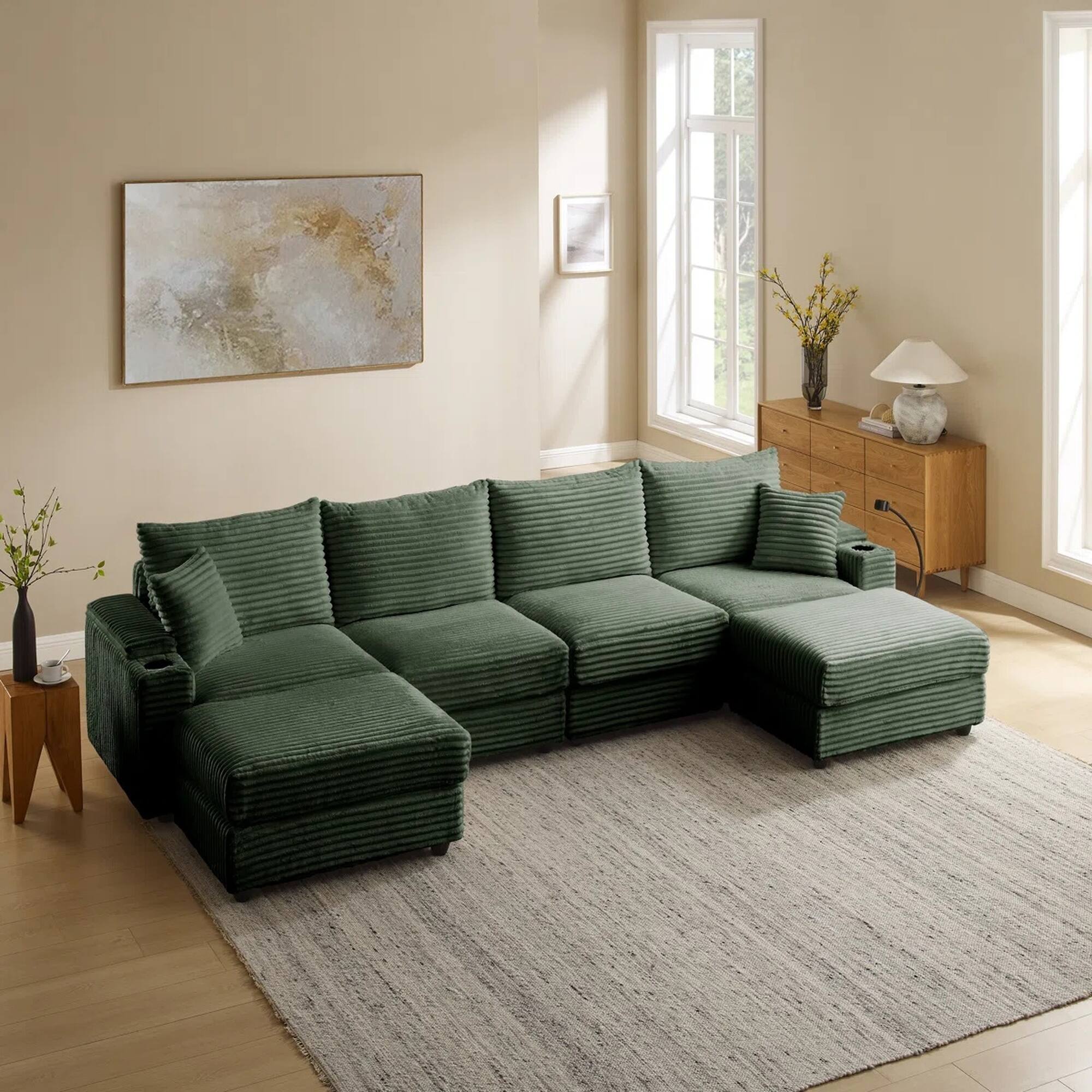 Front. Yardgrace - 6-Seater U-Shaped Corduroy Sofa with USB Charging, Phone Holders & Storage Armrests - Green.