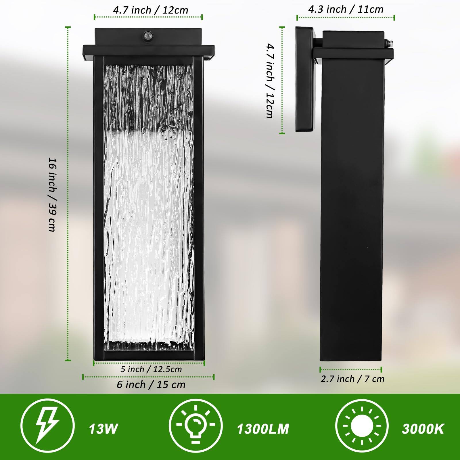 4.7 inch / 12cm  
4.3 inch / 11cm  
16 inch / 39 cm  
5 inch / 12.5cm  
6 inch / 15 cm  
2.7 inch / 7 cm  

13W  
1300LM  
3000K