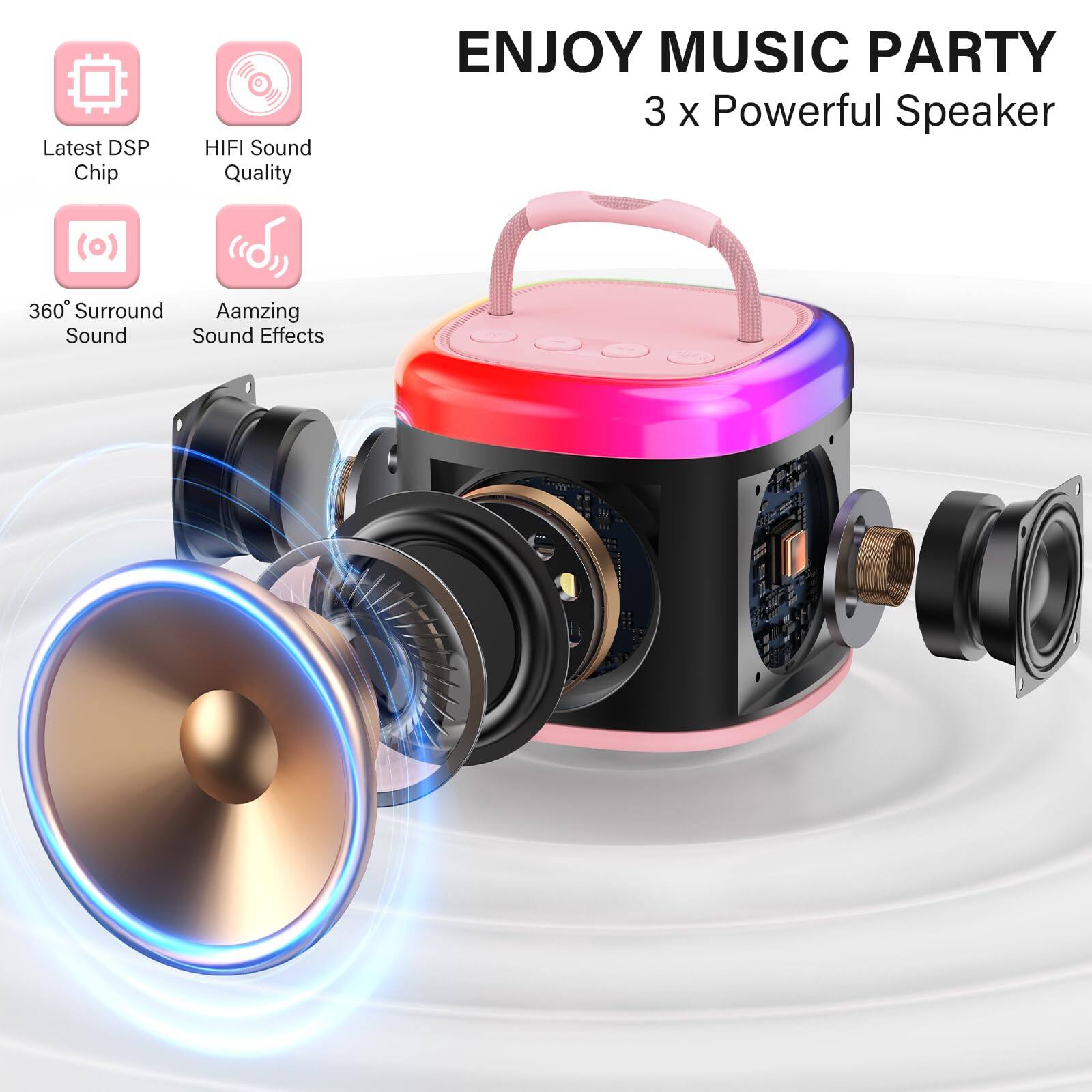 ENJOY MUSIC PARTY  
3 x Powerful Speaker

- Latest DSP Chip
- HI FI Sound Quality
- 360° Surround Sound
- Amazing Sound Effects