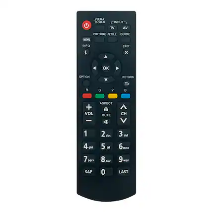 VIERA TOOLS
INPUT
TV AV
PICTURE
STILL GUIDE
MENU
INFO
EXIT
OK
OPTION
RETURN
R G Y B
ASPECT
VOL MUTE CH
1 abc
2 def
3 ghi
4 jkl
5 mno
6 pqrs
7 tuv
8 wxyz
9 LAST
SAP
0