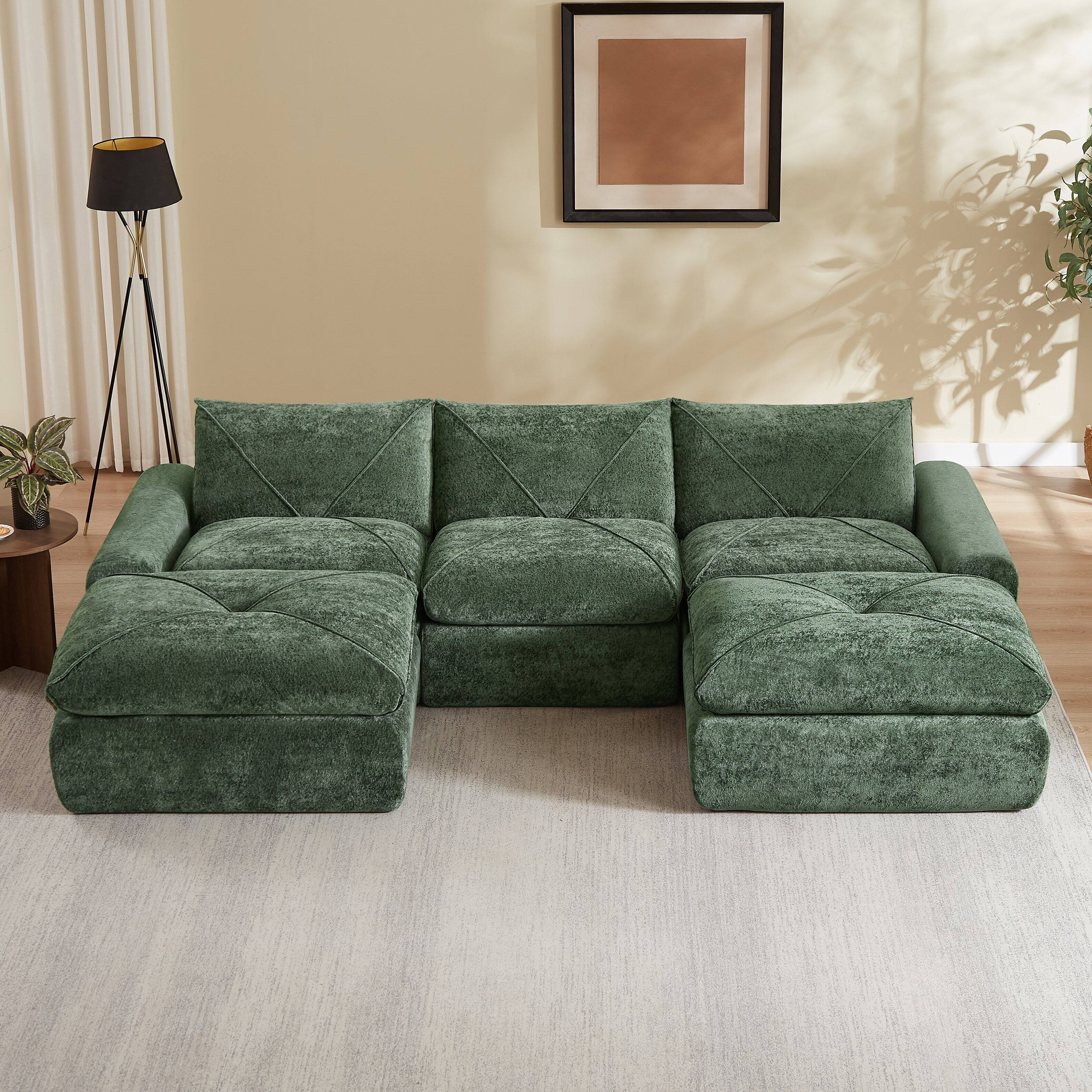 Front. Loheer - Loheer Modern Minimalist Chenille Sectional Sofa with Ottoman, Large Combination Couch for Living Room, 119 Inch - Green.