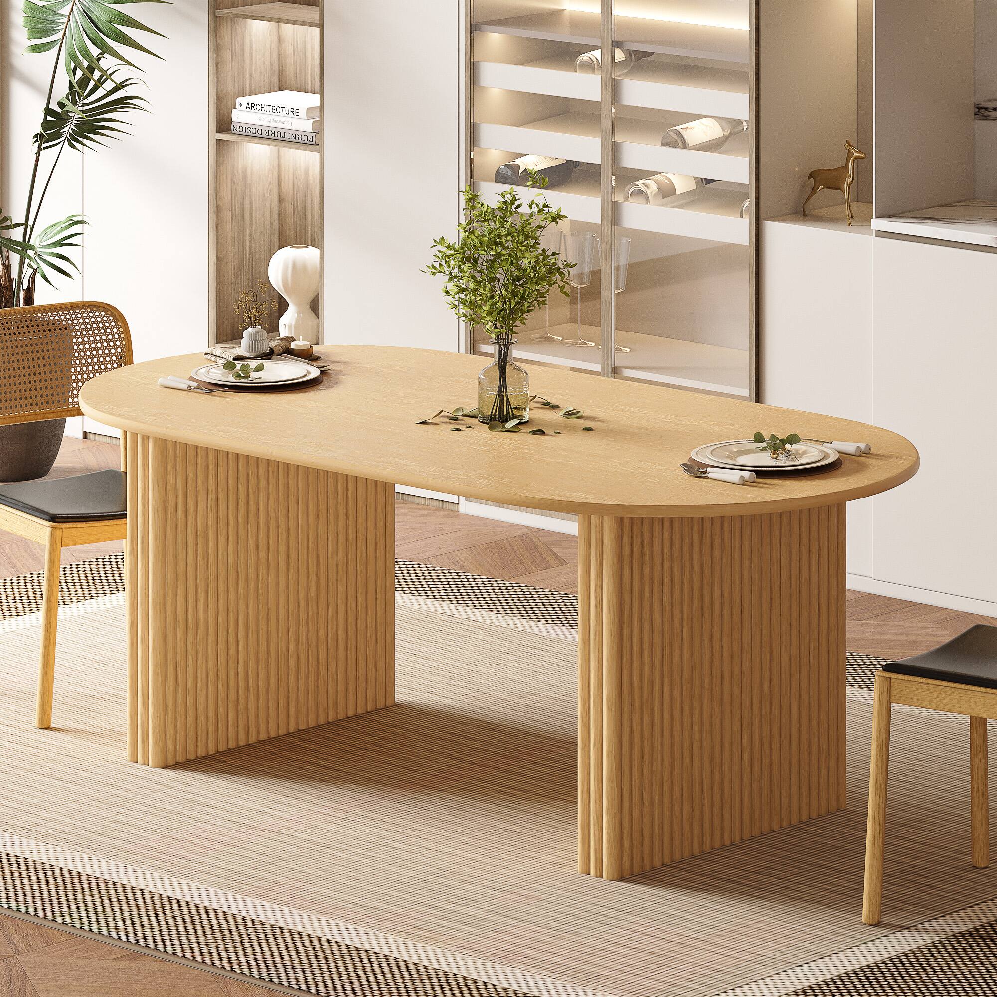 PexFix - Solid Oak Farmhouse Dining Table for 6, 67" Minimalist Oval Kitchen Table with Double Pedestal Base - Natural