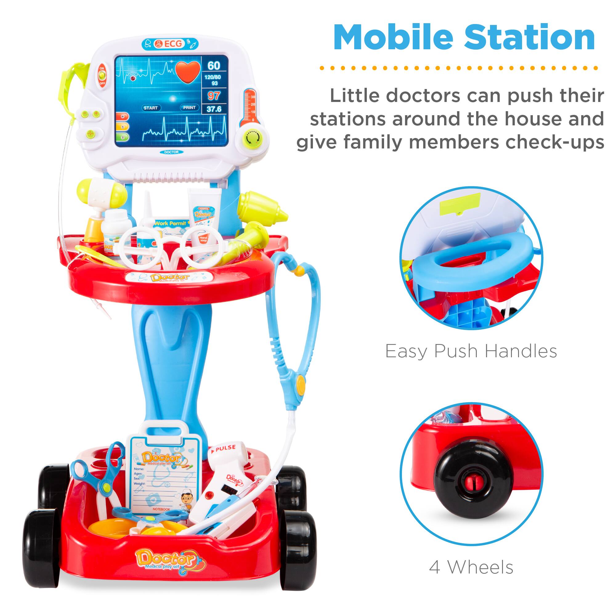 2 ECG e 60 120/80 - 97 START F 37.6 - Mobile Station

Little doctors can push their stations around the house and give family members check-ups

Easy Push Handles

4 Wheels