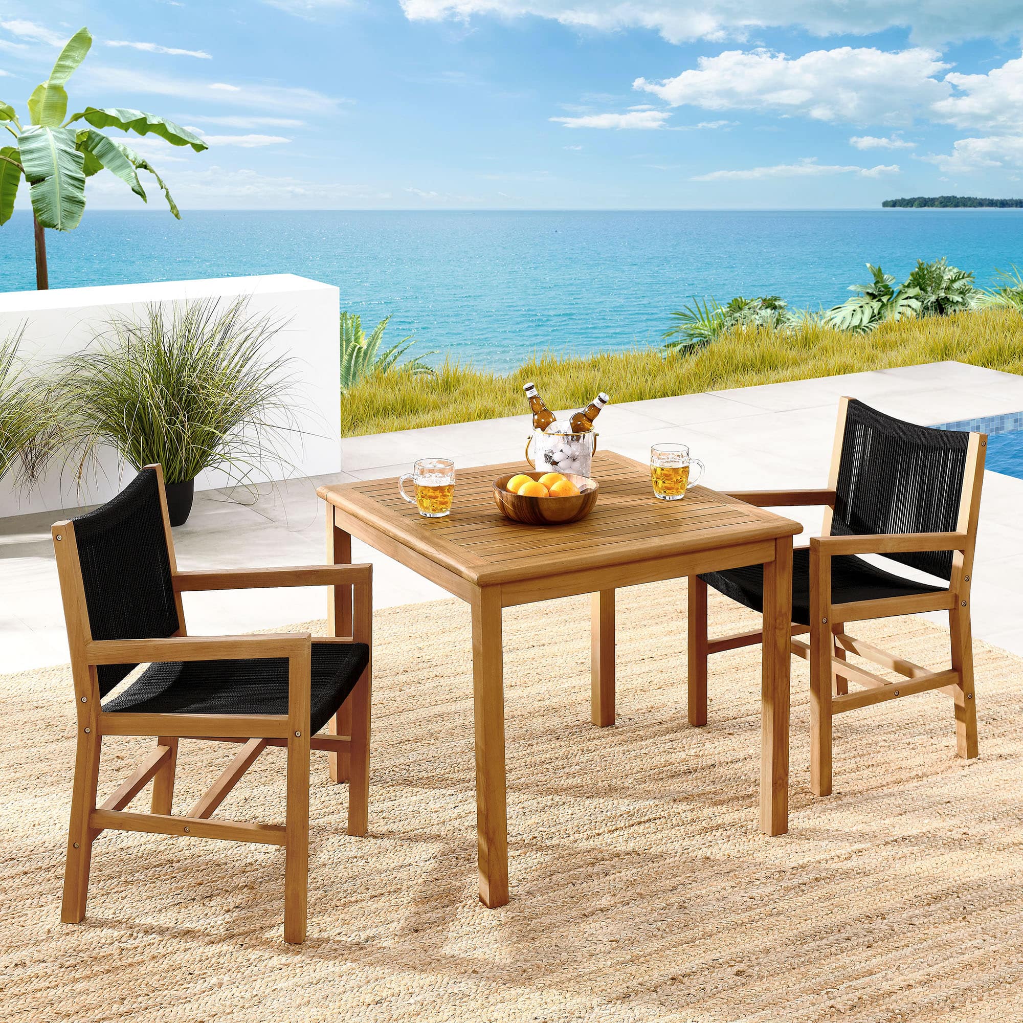 Vienna 3-Piece Outdoor Patio Teak and Rope Dining Set with Armchairs by Modway - Natural Black