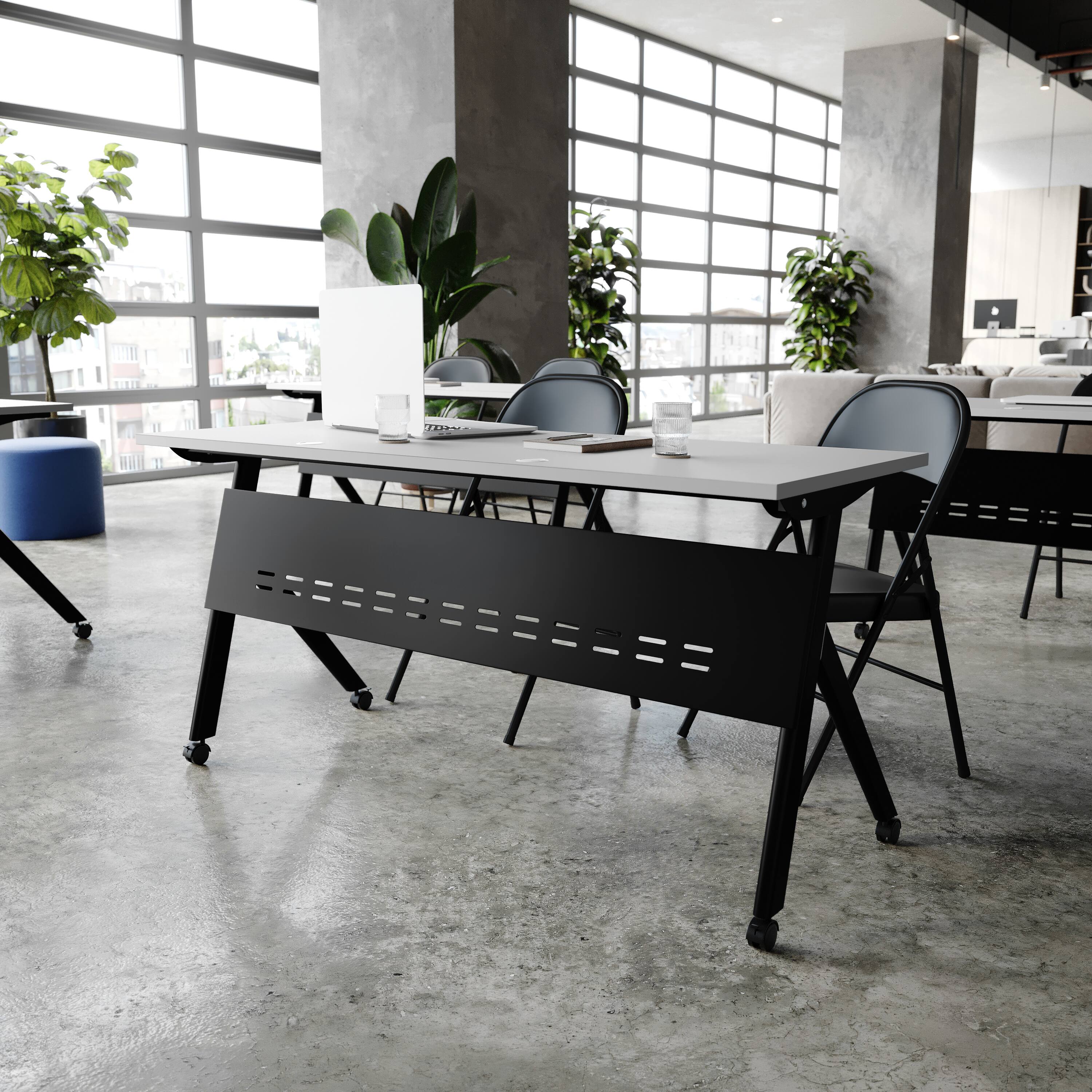 Alt View 2. Flash Furniture - Davis Commercial Grade 60" x 24" Heavy-Duty Nesting Flip Training Table with Y-Legs, Modesty Panel, 1" Thick Gray Tablet - Gray.