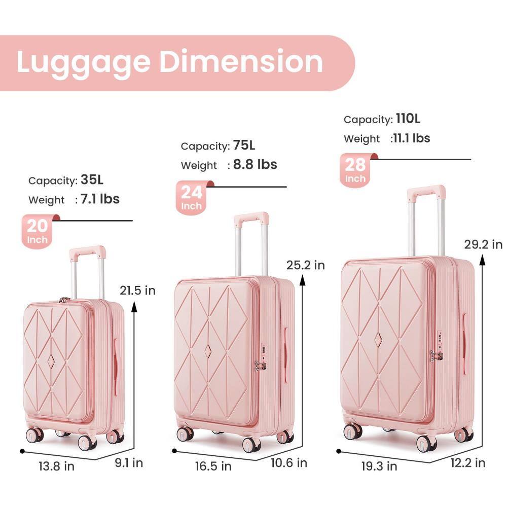 Luggage Dimension:

- 20 Inch
  - Capacity: 35L
  - Weight: 7.1 lbs
  - Dimensions: 13.8 in x 9.1 in x 21.5 in

- 24 Inch
  - Capacity: 75L
  - Weight: 8.8 lbs
  - Dimensions: 16.5 in x 10.6 in x 25.2 in

- 28 Inch
  - Capacity: 110L
  - Weight: 11.1 lbs
  - Dimensions: 19.3 in x 12.2 in x 29.2 in