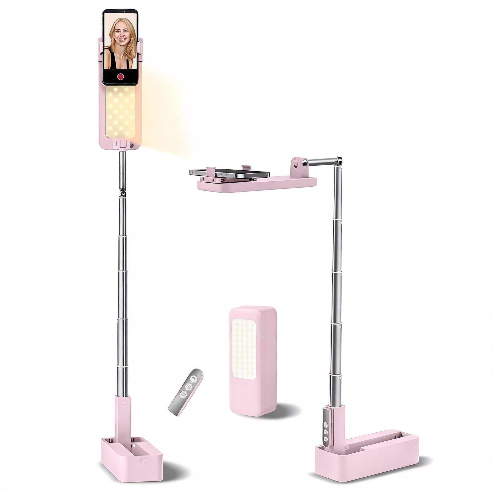 METALTON - Overhead Phone Stand For Recording Mount Foldable extendable rechargeable With Light wireless Remote Photo - Pink