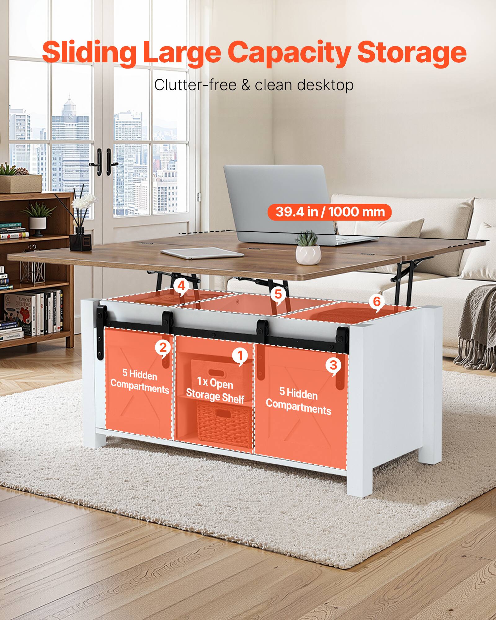 Sliding Large Capacity Storage  
Clutter-free & clean desktop  

39.4 in / 1000 mm  

1 x Open Storage Shelf  
5 Hidden Compartments  
5 Hidden Compartments