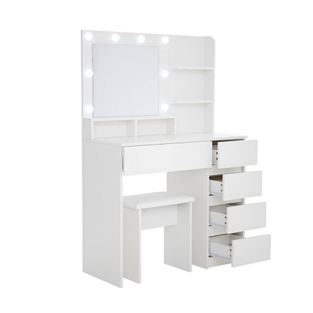 Alt View 2. LUCKY ONE - 31.5in Vanity Desk with LED Mirror, Charging Station, 10 Bulbs, Drawers, Shelves and Stool - White.