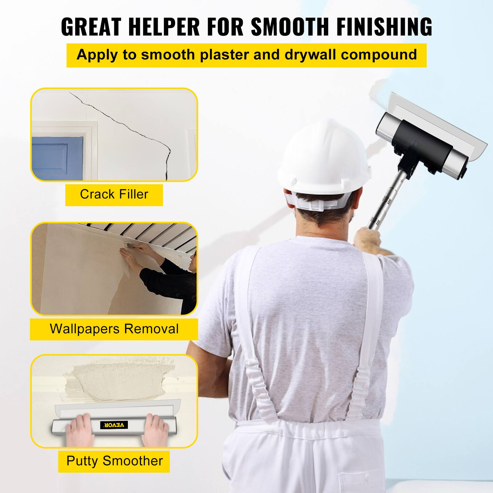 GREAT HELPER FOR SMOOTH FINISHING  
Apply to smooth plaster and drywall compound  

- Crack Filler  
- Wallpapers Removal  
- Putty Smoother