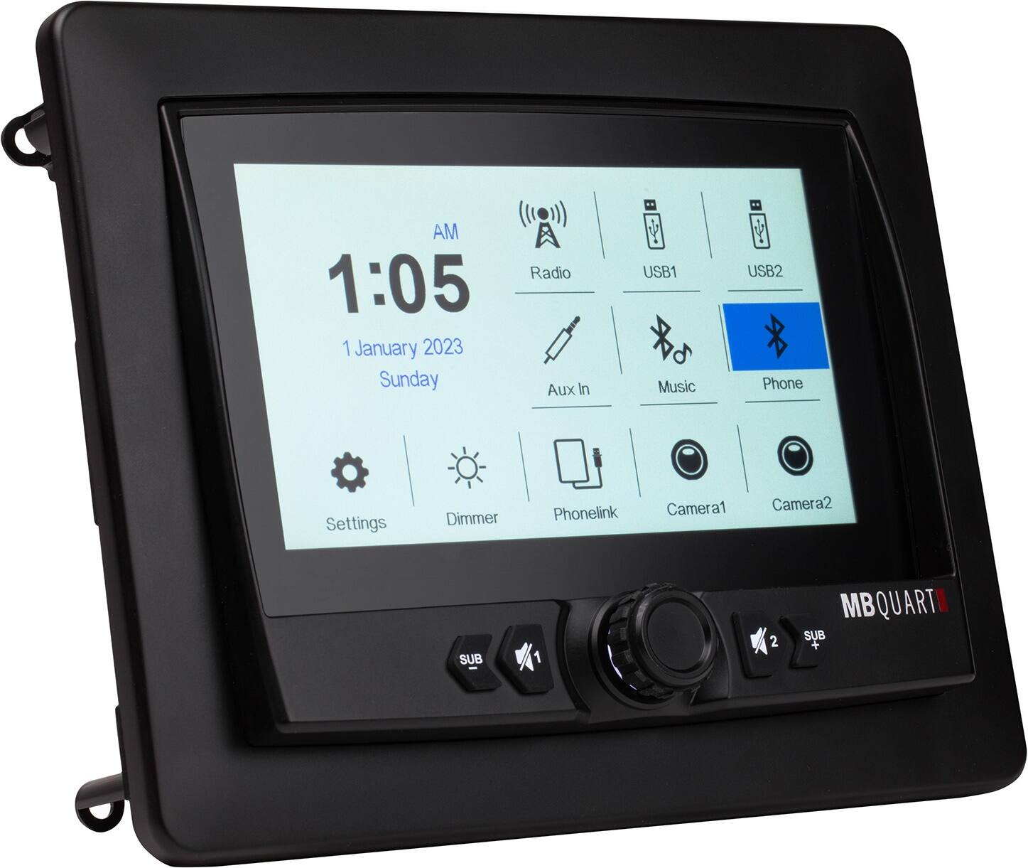 AM 1:05 1 January 2023 Sunday Radio Aux In USB1 Music USB2 Phone Settings Dimmer Phonelink Camera1 Camera2 SUB 2 MB QUART SUB +