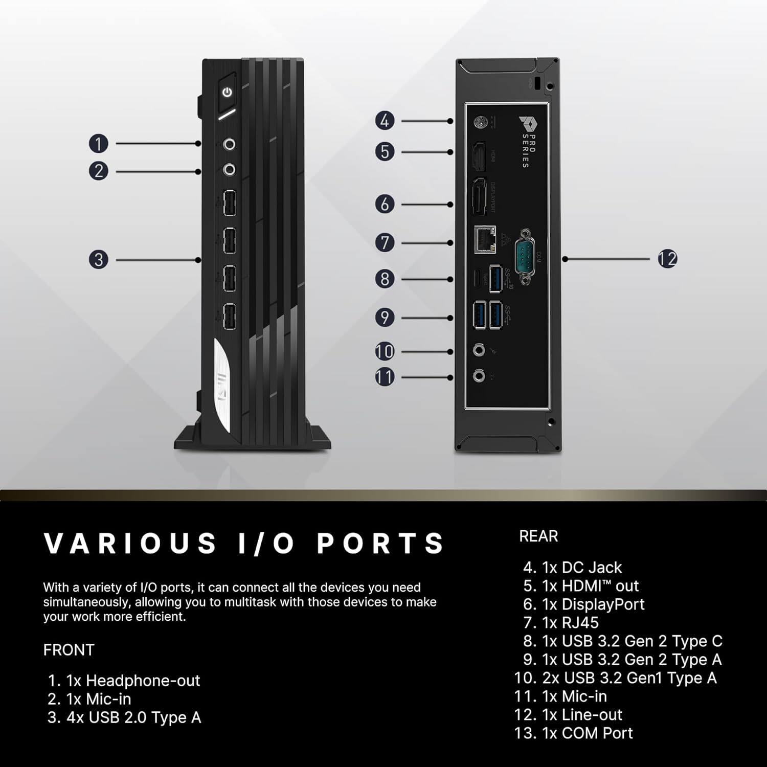1. 2. 4. 5. MD Pa 6. 3. 7. 8. 2. 9. 0. VARIOUS I/O PORTS

With a variety of I/O ports, it can connect all the devices you need simultaneously, allowing you to multitask with those devices to make your work more efficient.

FRONT
1. 1x Headphone-out
2. 1x Mic-in
3. 4x USB 2.0 Type A

REAR
4. 1x DC Jack
5. 1x HDMI out
6. 1x DisplayPort
7. 1x RJ45
8. 1x USB 3.2 Gen 2 Type C
9. 1x USB 3.2 Gen 2 Type A
10. 2x USB 3.2 Gen1 Type A
11. 1x Mic-in
12. 1x Line-out
13. 1x COM Port