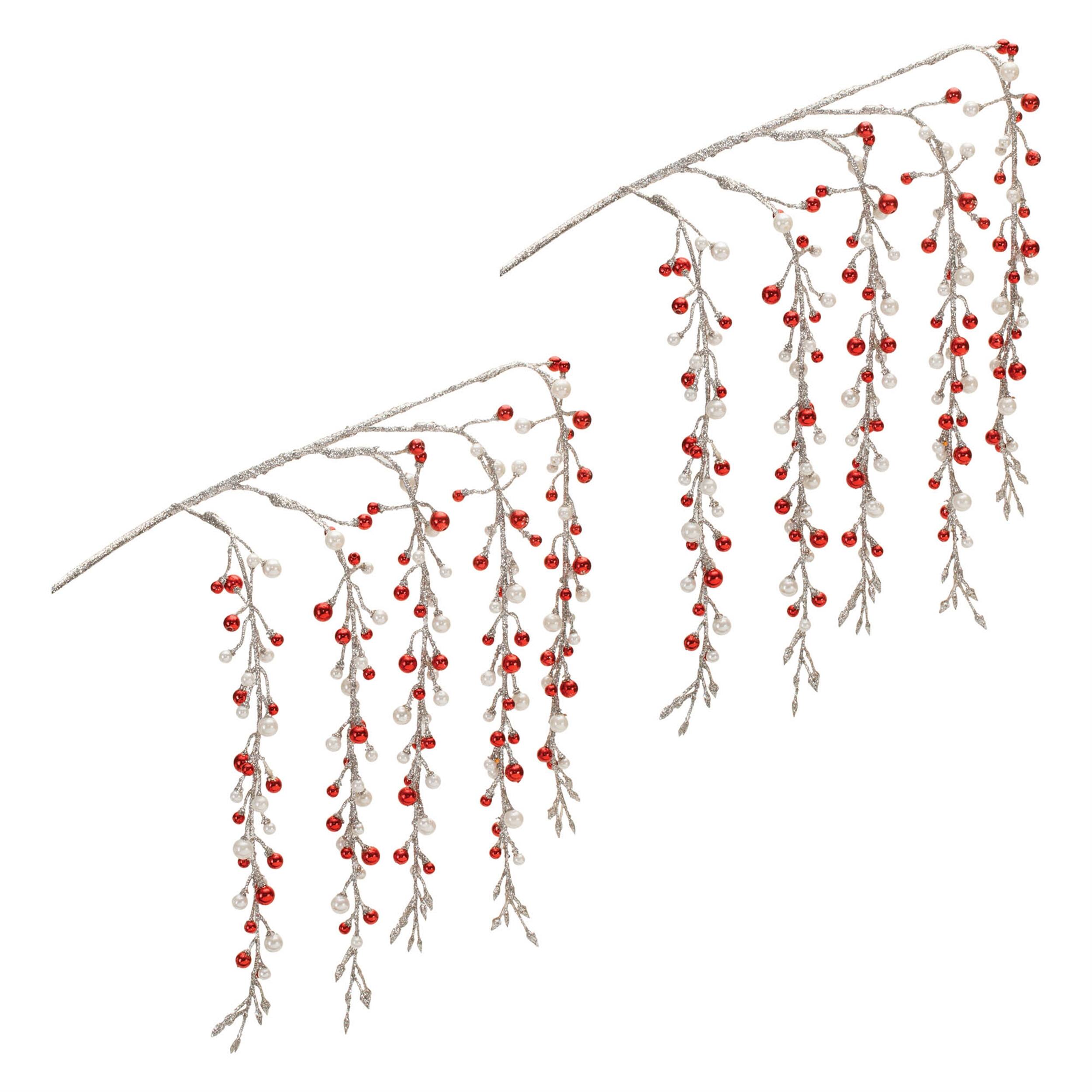 Left. BreeBe - Hanging Glitter Berry Spray (Set of 2) - Silver, Red.
