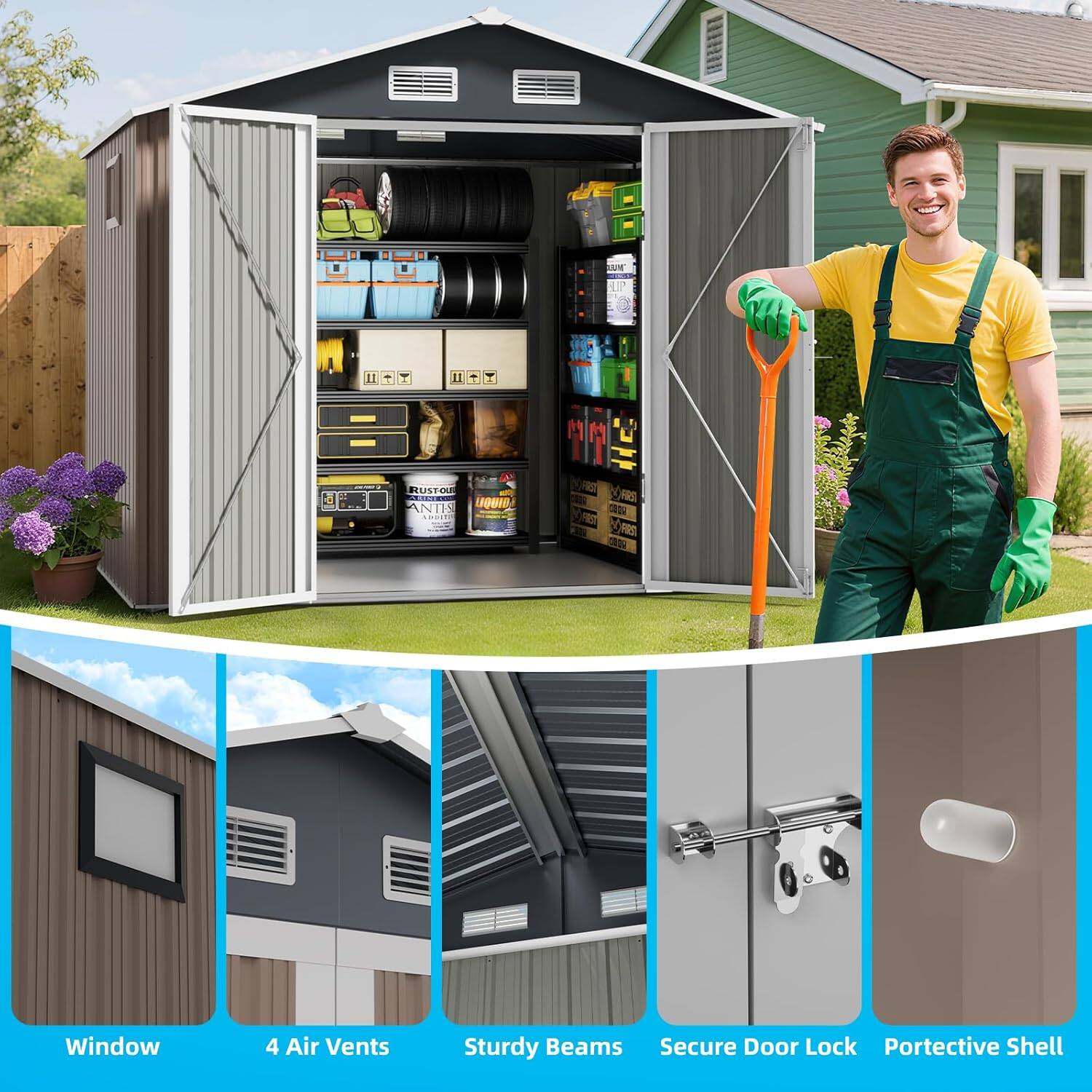 - AA SUP KE L T E + d RUSTE Ce NIS uQUIO O.... ARS CO AR
- Window
- 4 Air Vents
- Sturdy Beams
- Secure Door Lock
- Protective Shell