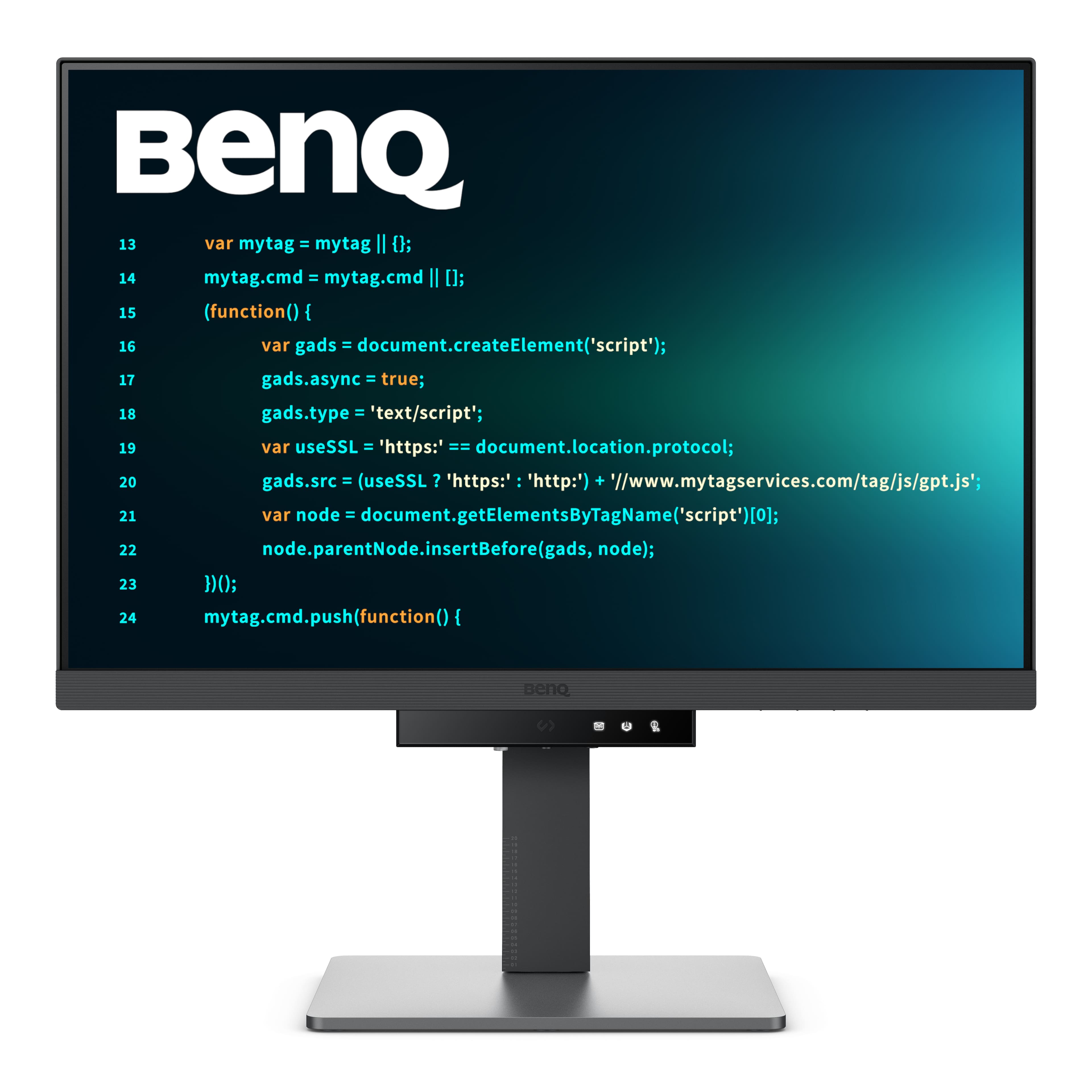 BenQ computer monitor with a blue background and code displayed on the screen. The code is written in a programming language called JavaScript. The code is written in a function and is used to create a tag on the website. The code is also used to insert a script into the website, which is hosted on a server at <https://www.mytagservices.com/tag/js/gpt.js>. The code is executed when the website is loaded, and it is used to create a tag on the website.
