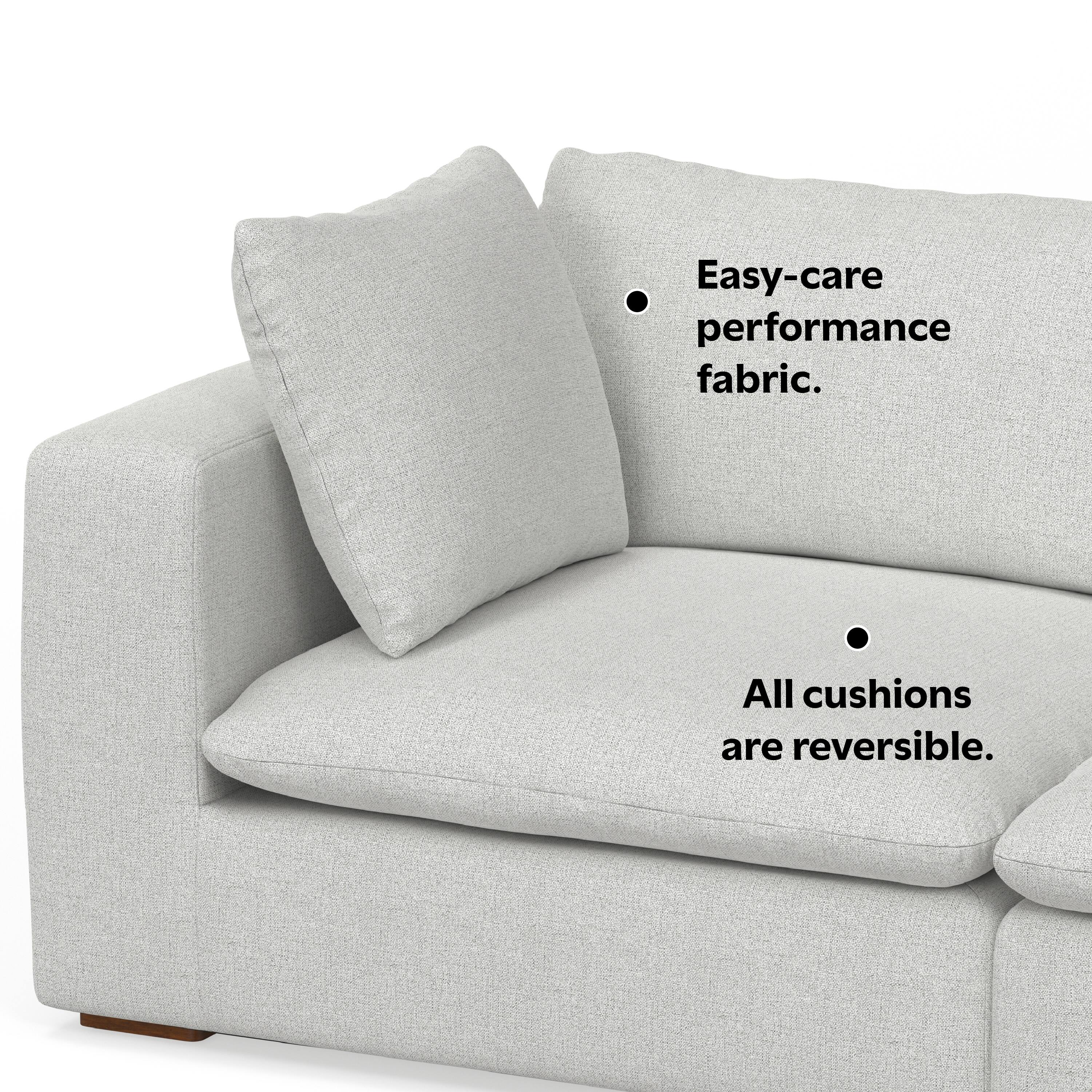 Easy-care performance fabric.  
All cushions are reversible.