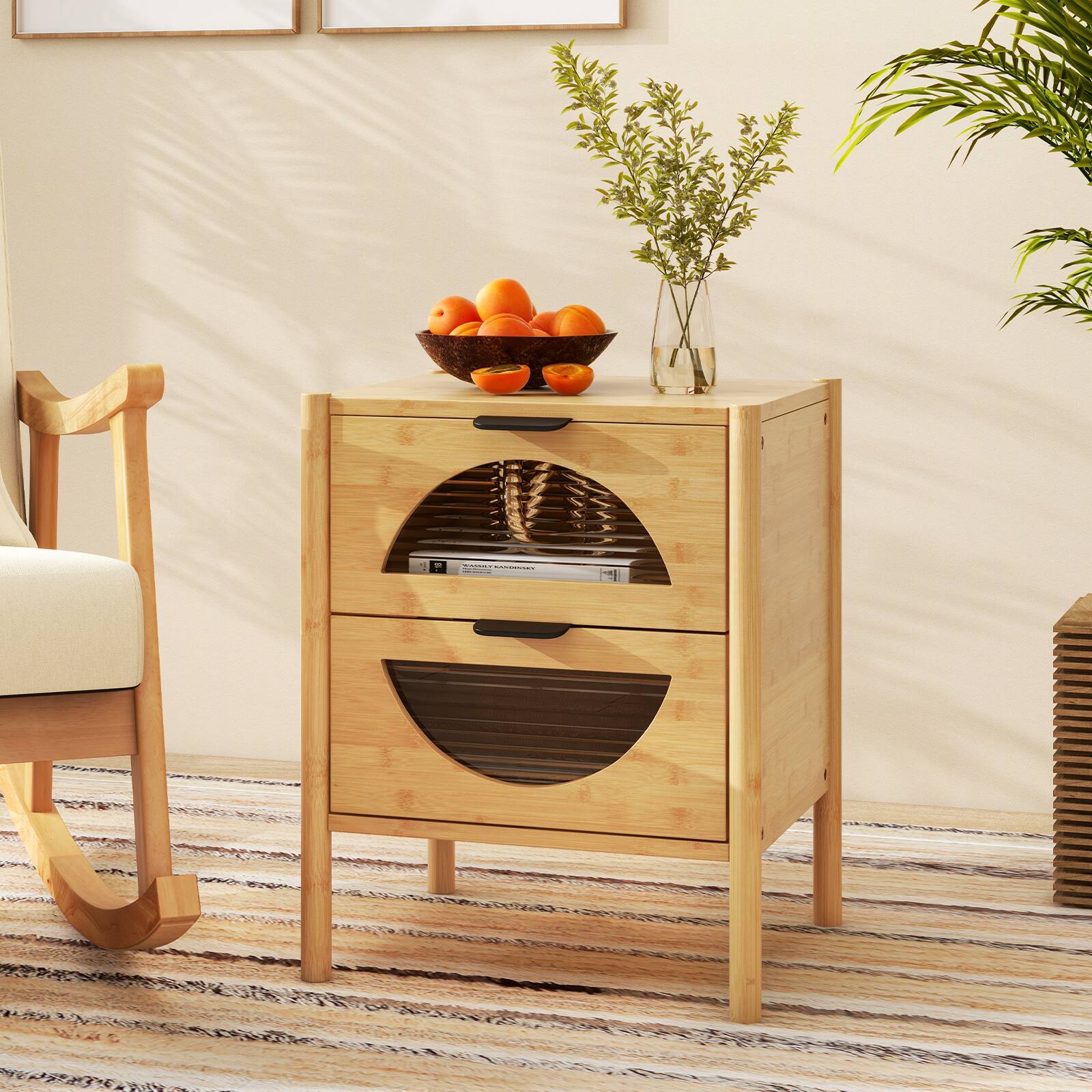 Angle. SlickBlue - Wicker Nightstand with Two Drawers and Reeded Glass Fronts – Functional and Stylish Bedside Table - Natural.
