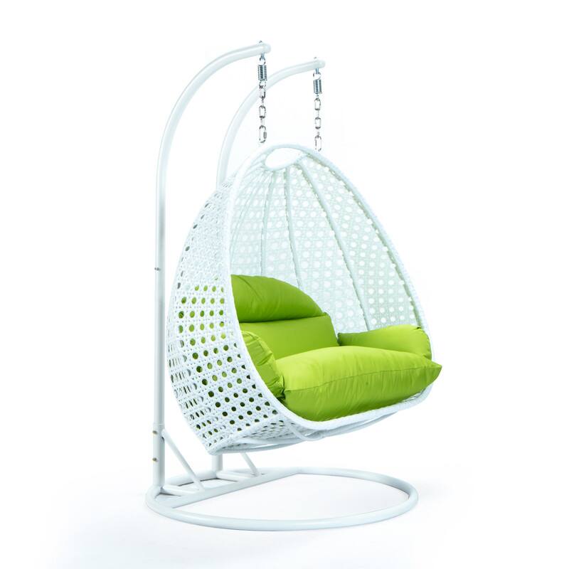Back. LeisureMod - Leisuremod Modern 2-Person Outdoor Egg Swing White Wicker Chair with Stand, Plush Washable Cushions & Waterproof Cover - Light Green.