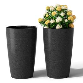 Costway - 21" Tall Plastic Planters Set of 2 with Optional Drainage System for Front Porch - Black