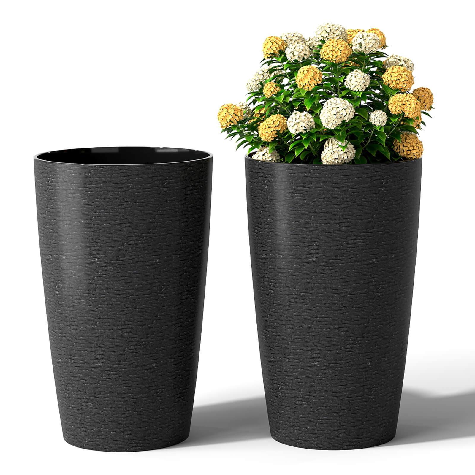 Front. Costway - Costway 21" Tall Plastic Planters Set of 2 with Optional Drainage System for Front Porch - Black.