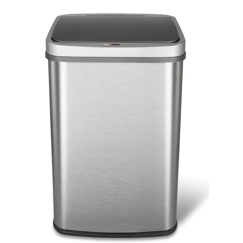 Angle. Hivvago - Grey 13-Gallon Stainless Steel Kitchen Trash Can with Motion Sensor Lid - Silver.