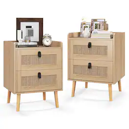 Costway - Modern Nightstand End Bedside Table with 2 Rattan Drawers & Solid Wood Legs - Natural