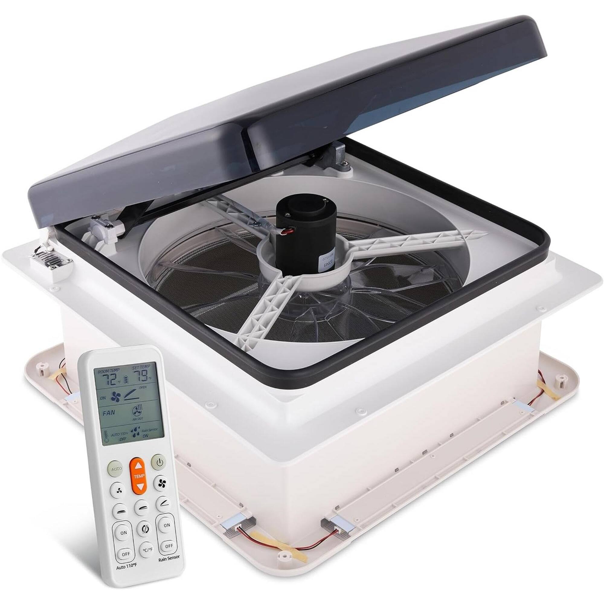 Hike Crew - 16” RV Roof Vent Fan, 12V 10-Speed RV Fan W/LED Light, Rain Sensor & Remote - Lid - Smoked