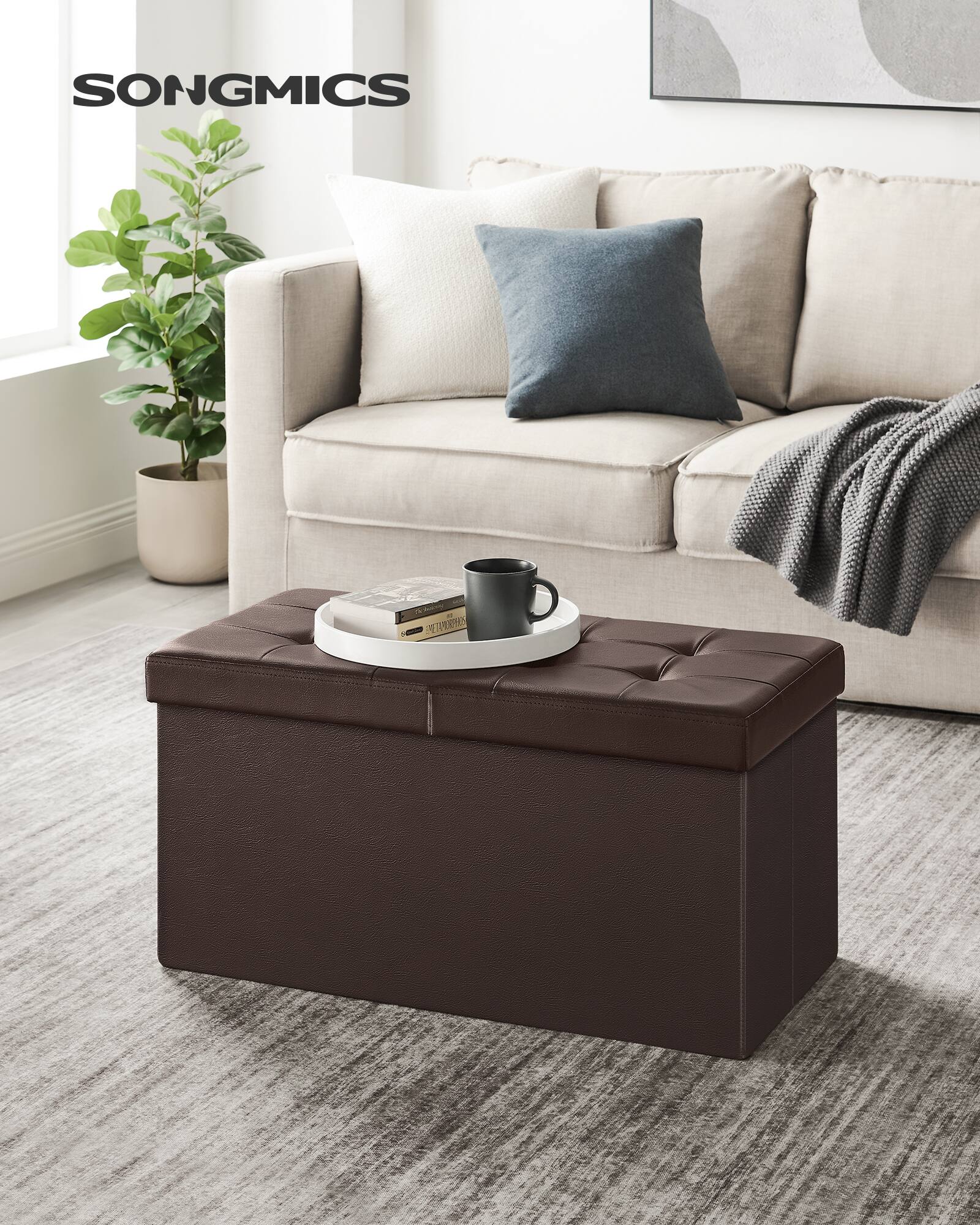 Angle. Songmics Home - 30 Inches Folding Storage Ottoman Bench with Flipping Lid, Storage Chest Footstool, Faux Leather - Brown.