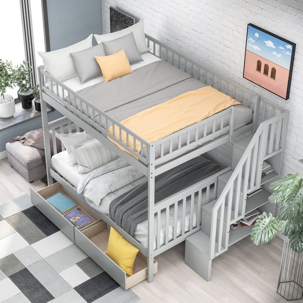 Left. Loheer - Loheer Full Over Full Bunk Bed with Drawers, Gray Pine Wood Bunk Bed with Storage and Ladder, 250lb Capacity - Gray.