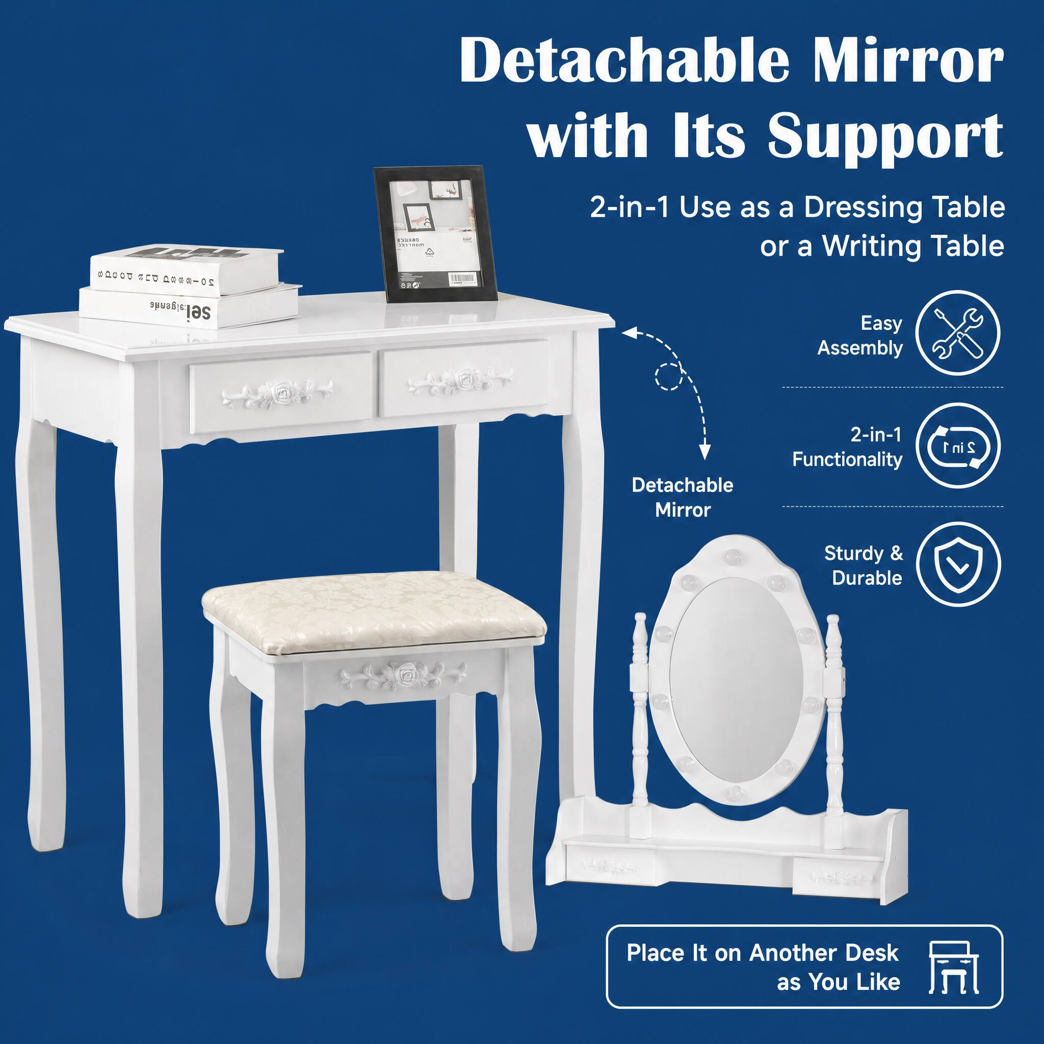 WELLFOR Classic Makeup Vanity Dressing Table Set with 360° Rotatable ...