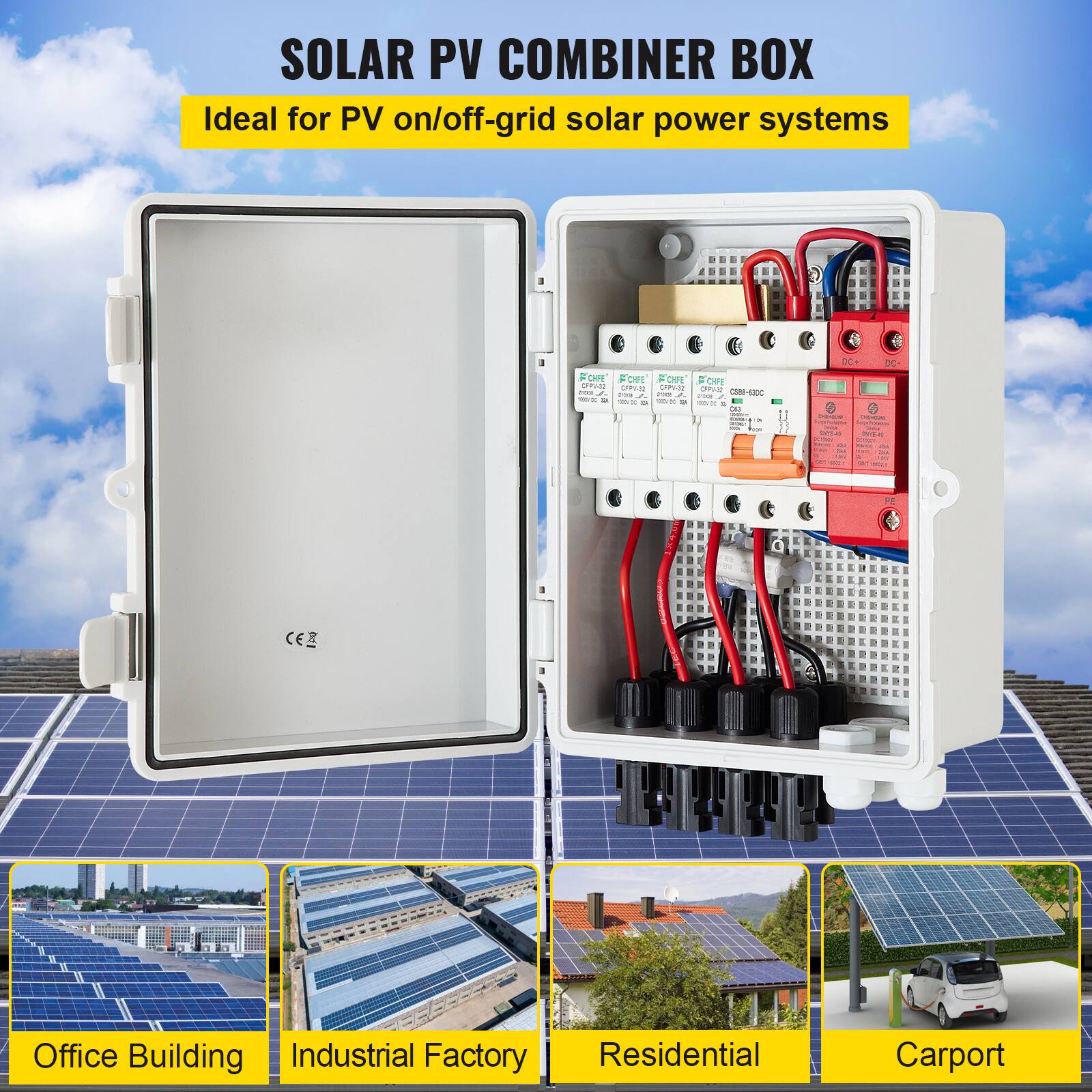 SOLAR PV COMBINER BOX  
Ideal for PV on/off-grid solar power systems  

F - F - C-00C  

Office Building  
Industrial Factory  
Residential  
Carport