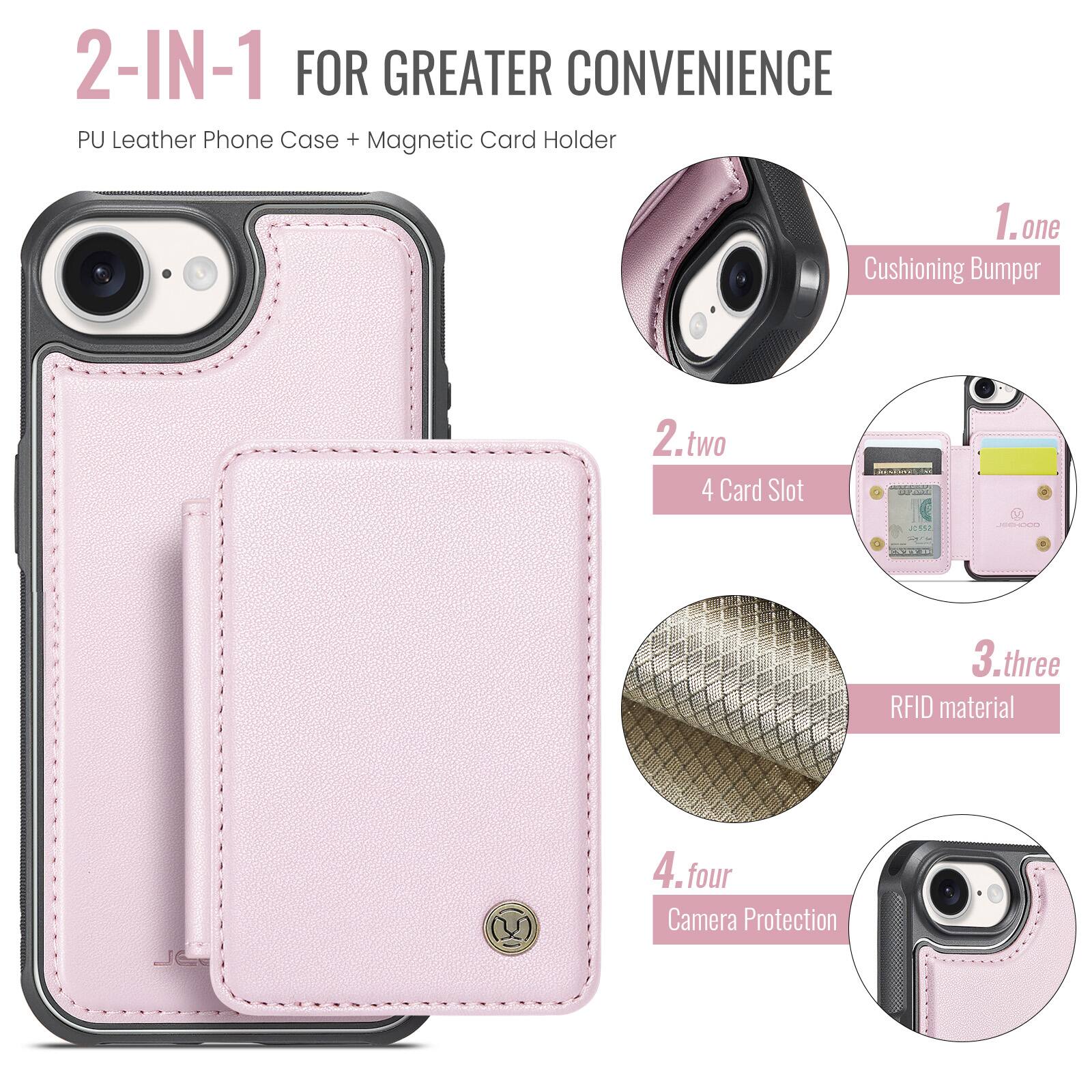 2-IN-1 FOR GREATER CONVENIENCE  
PU Leather Phone Case + Magnetic Card Holder  

1. one  
Cushioning Bumper  

2. two  
4 Card Slot  

3. three  
RFID material  

4. four  
Camera Protection