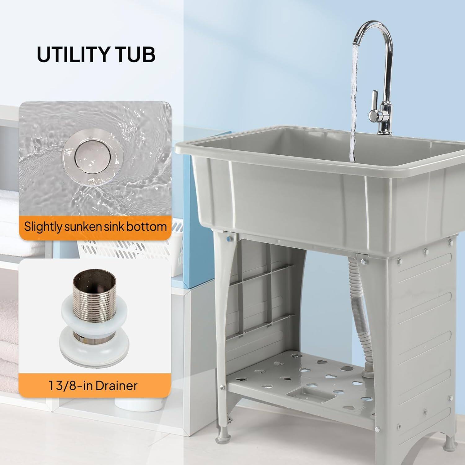 UTILITY TUB

- Slightly sunken sink bottom
- 13/8-in Drainer