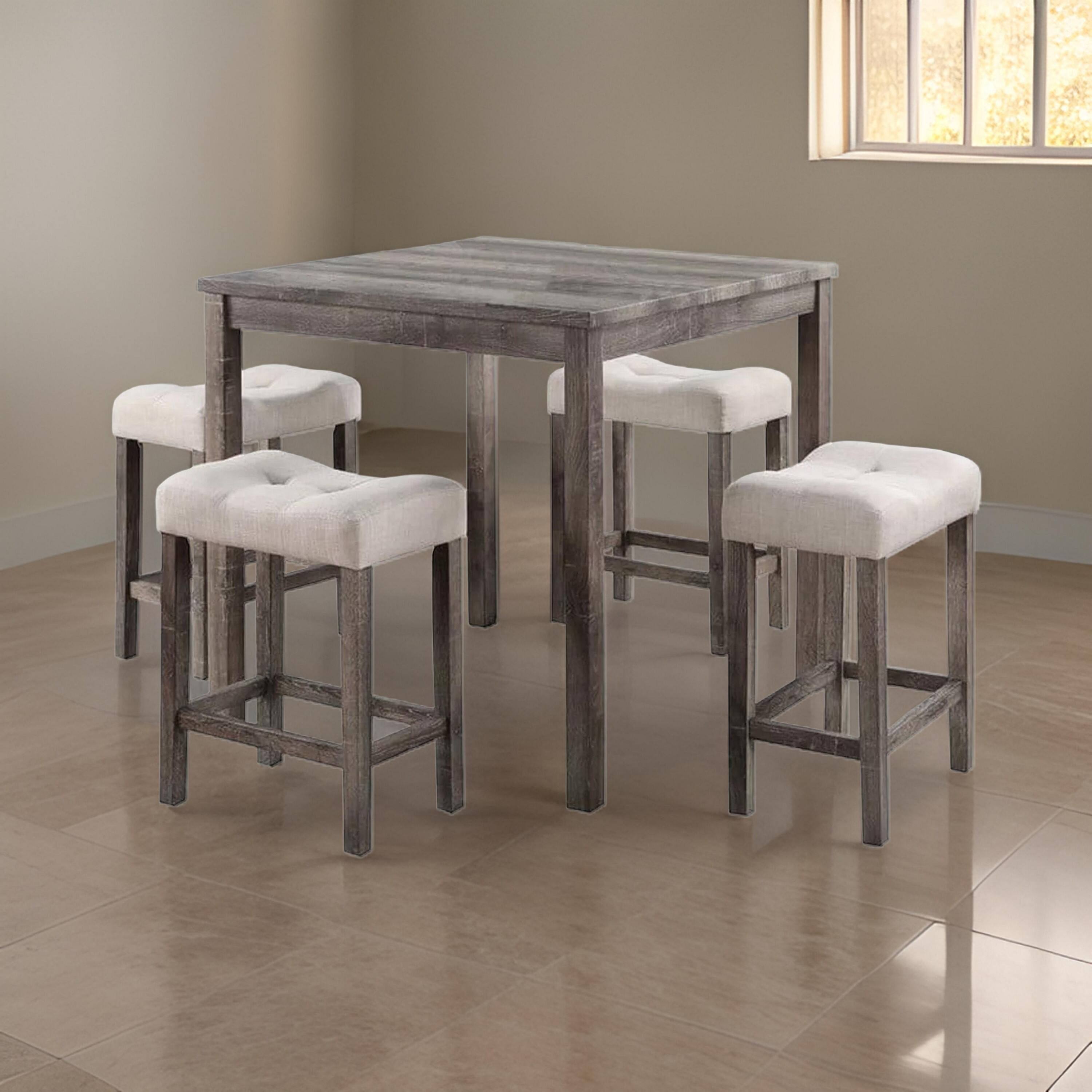 Alt View 5. Manhattan Lane - 5 Piece Counter Height Table Set with 4 Stools, Beige Fabric, Gray Wood - Gray, Beige.