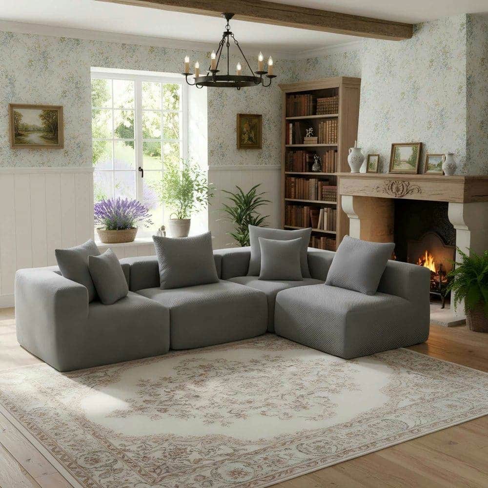 Kadyn - Modular L-Shaped Sectional Sofa, All-Foam with Pillows, Textured Chenille - Gray