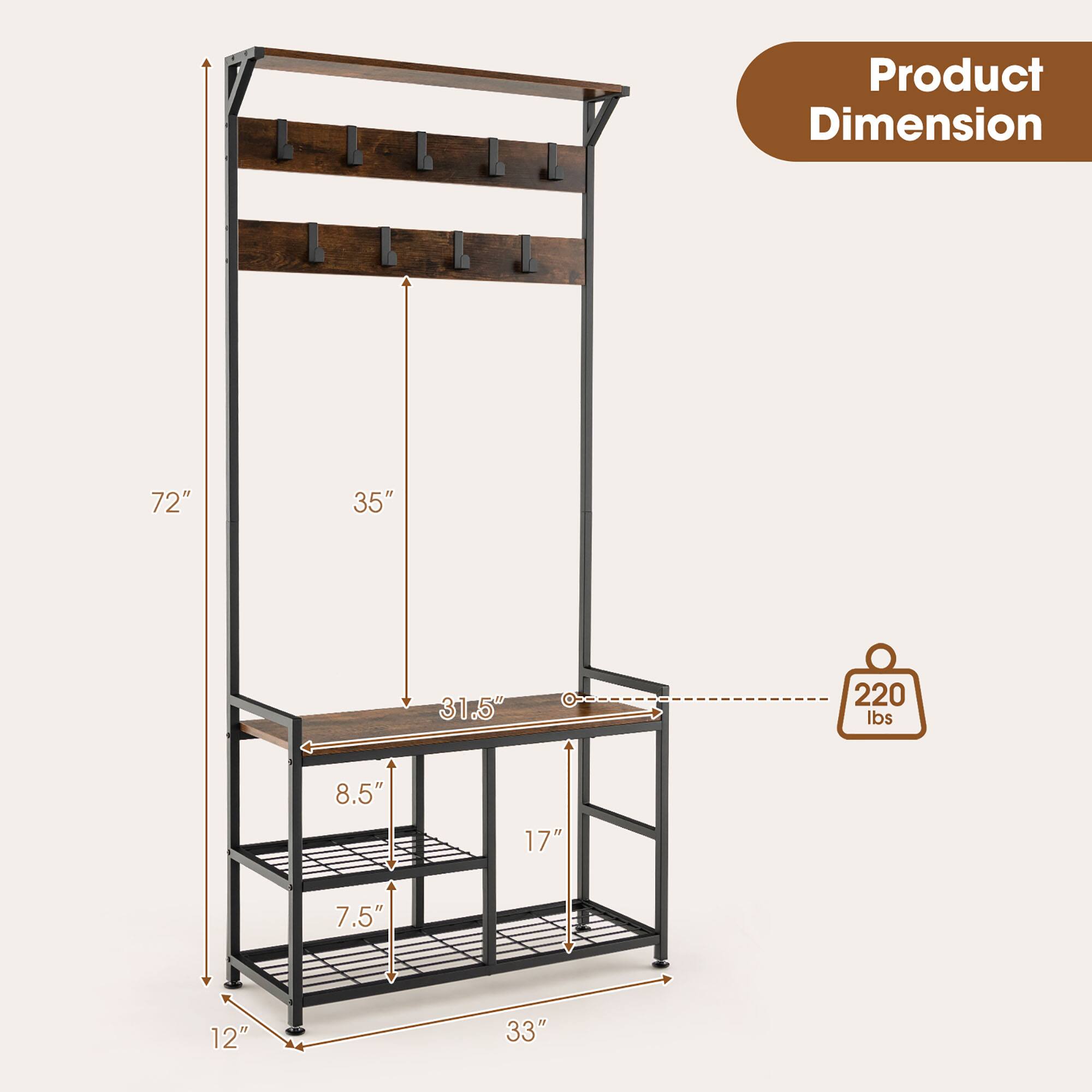 Product Dimension: 72" x 35" x 31.5"  
Weight Capacity: 220 lbs  
Shelf Dimensions: 8.5" x 17" x 7.5"  
Overall Width: 33"