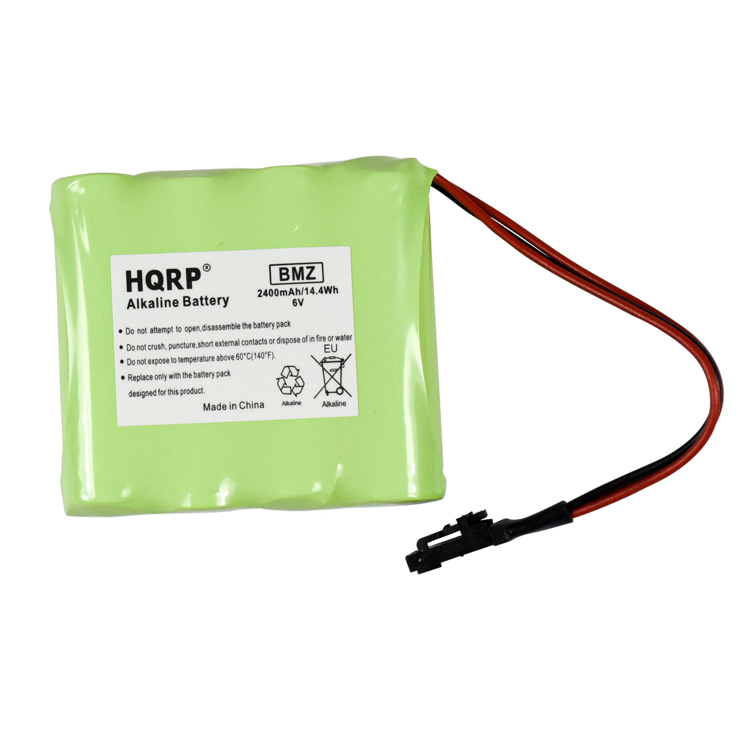 HQRP BMZ 2400mAh/14.4Wh Alkaline Battery 6V

- Do not attempt to open, disassemble the battery pack
- Do not crush, puncture, short external contacts or dispose in fire or water
- Do not expose to temperature above 60°C (140°F)
- Replace only with the battery pack designed for this product
- Dispose only with the battery pack

Made in China

Alkaline