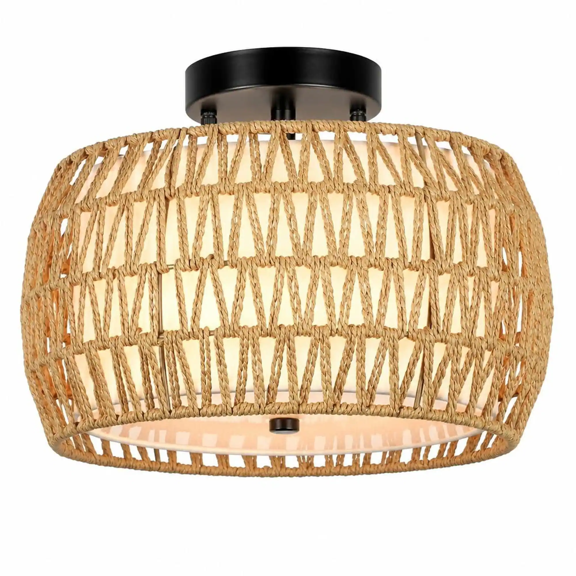 RYHNUYNE Boho Rattan Semi Flush Mount Ceiling Light – 2 in 1 Hand Woven ...
