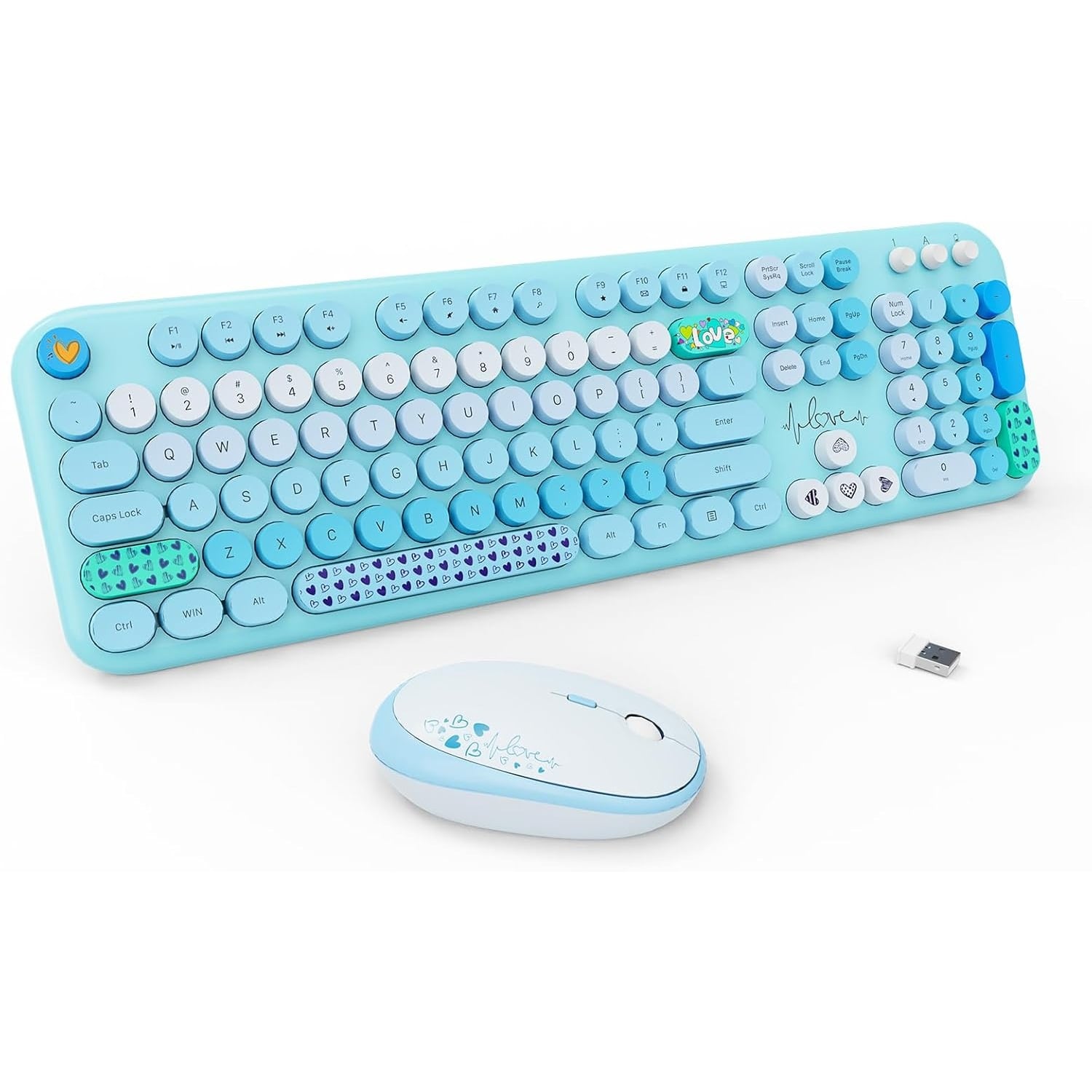 PARKER SLATER - Wireless keyboard and mouse combo with 2.4G connection, 104 round keys, retro typewriter style, and blue colorful design - Lovely Blue