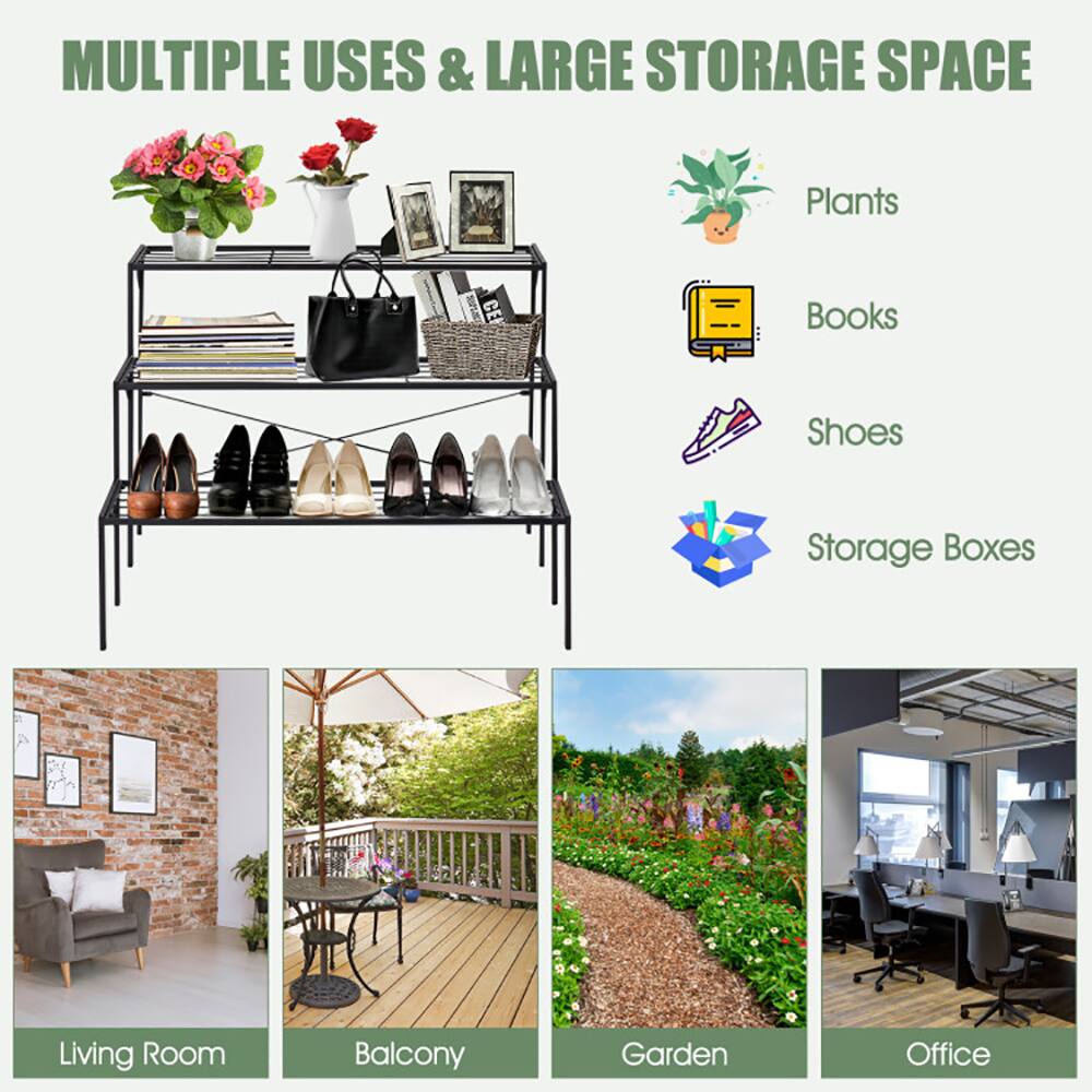 MULTIPLE USES & LARGE STORAGE SPACE

Plants  
Books  
Shoes  
Storage Boxes  

Living Room  
Balcony  
Garden  
Office